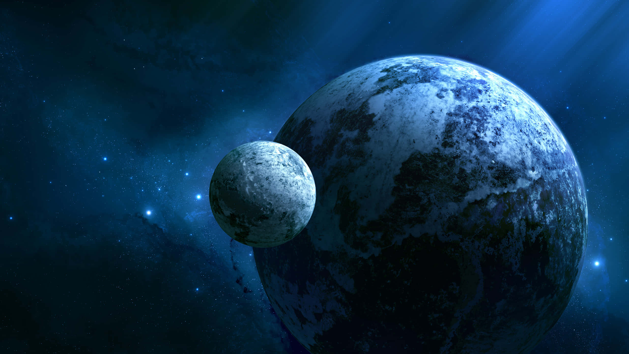 Earth, cratered moon, swirling clouds, 2K Desktop Wallpaper