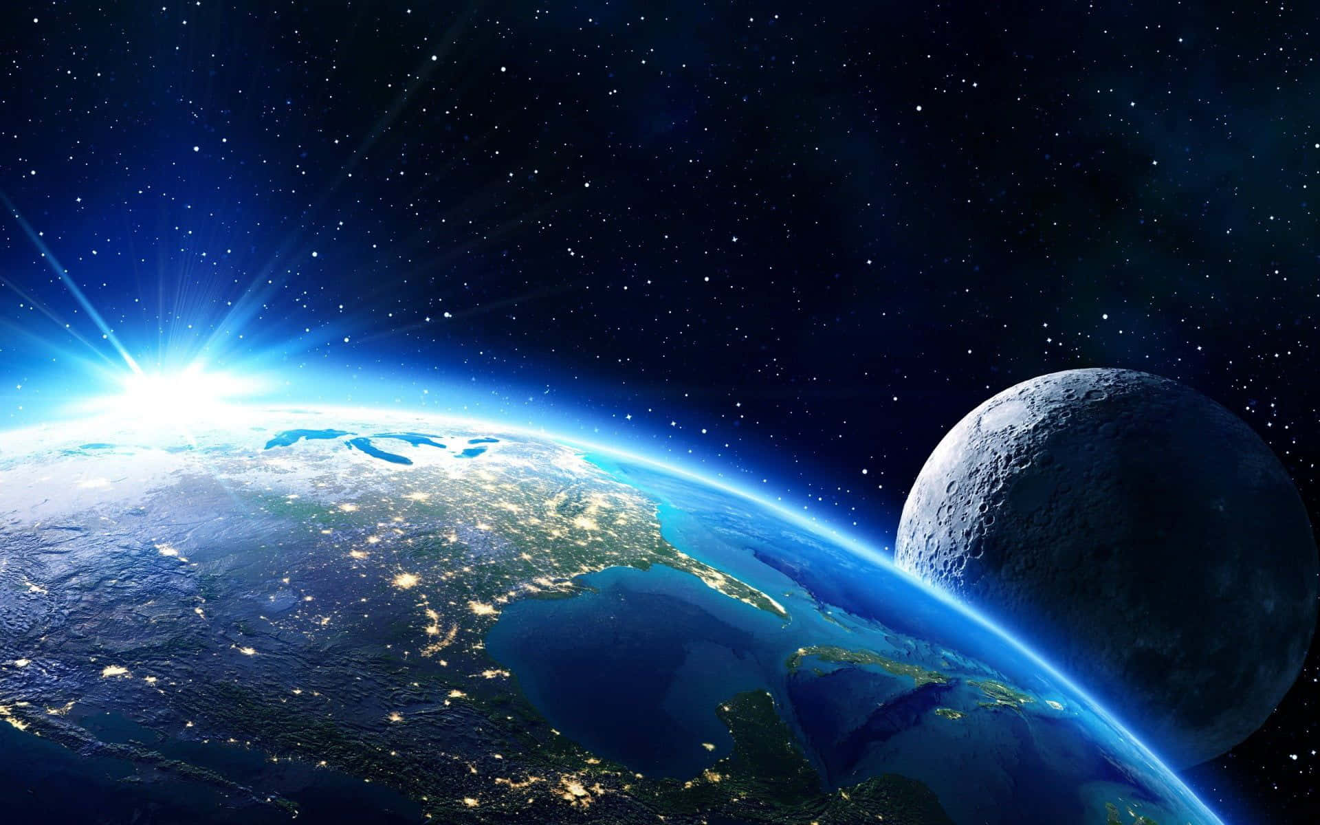 Earth, city lights, sunrise, Full HD Desktop Wallpaper