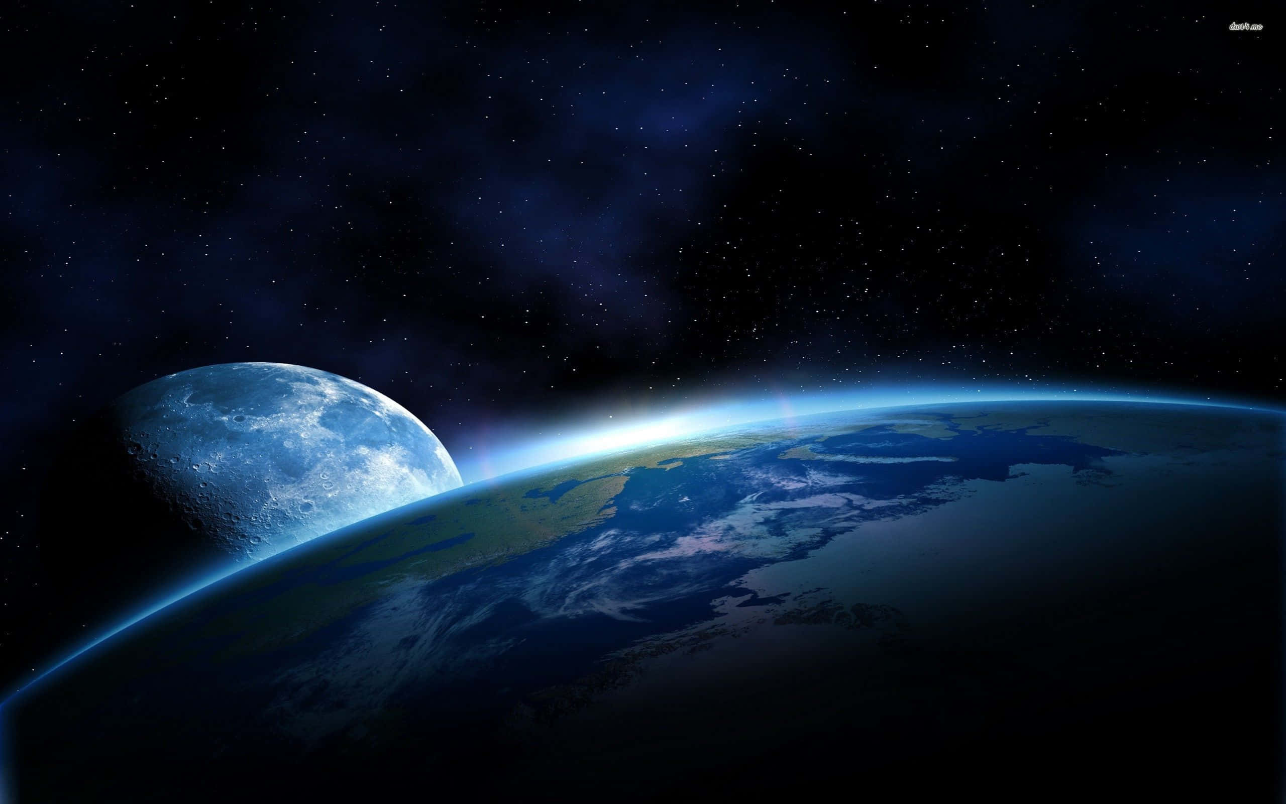 Earth, Moon, starry cosmic backdrop, 2K Desktop Wallpaper
