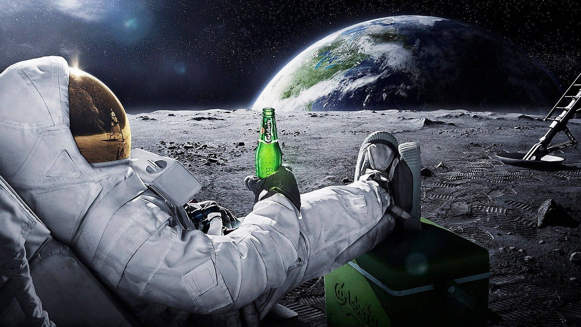 astronaut, moon, green beer bottle, Full HD Desktop Wallpaper
