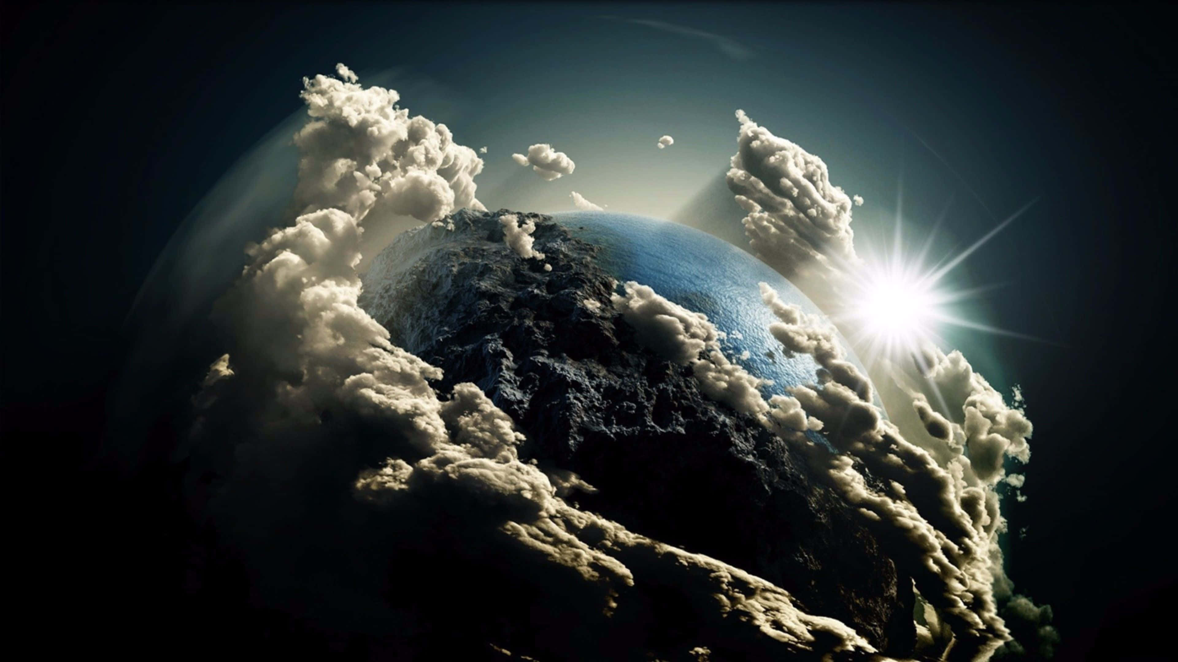 Earth, swirling clouds, bright sunburst, 4K Desktop Wallpaper