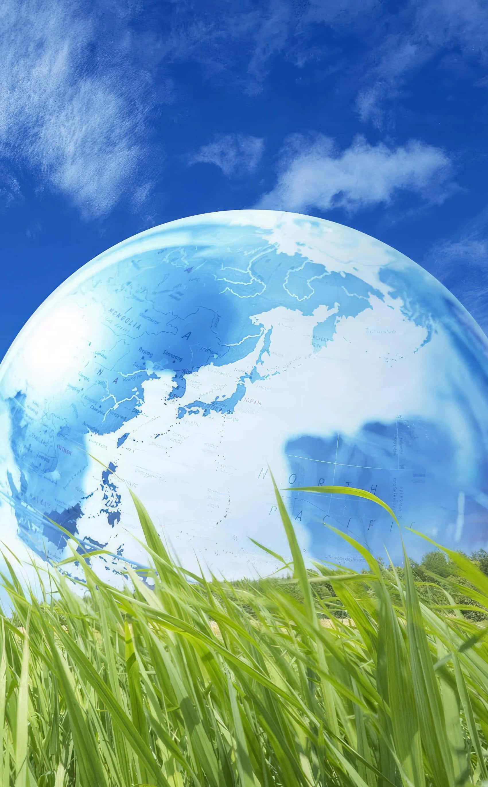 translucent blue globe, visible continents, vibrant green grass, 2K Phone Wallpaper