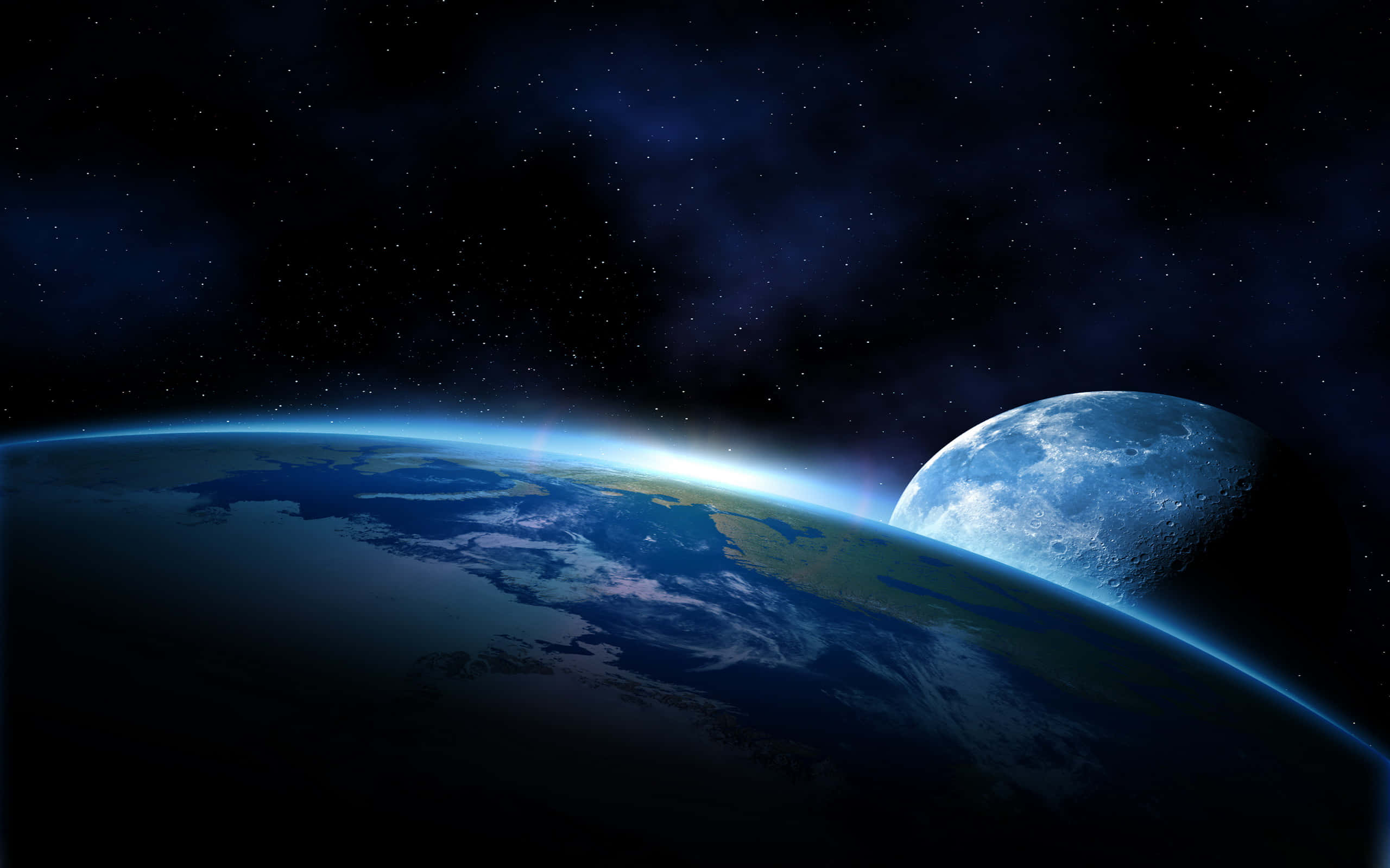 Earth, Moon, starry cosmic backdrop, 2K Desktop Wallpaper