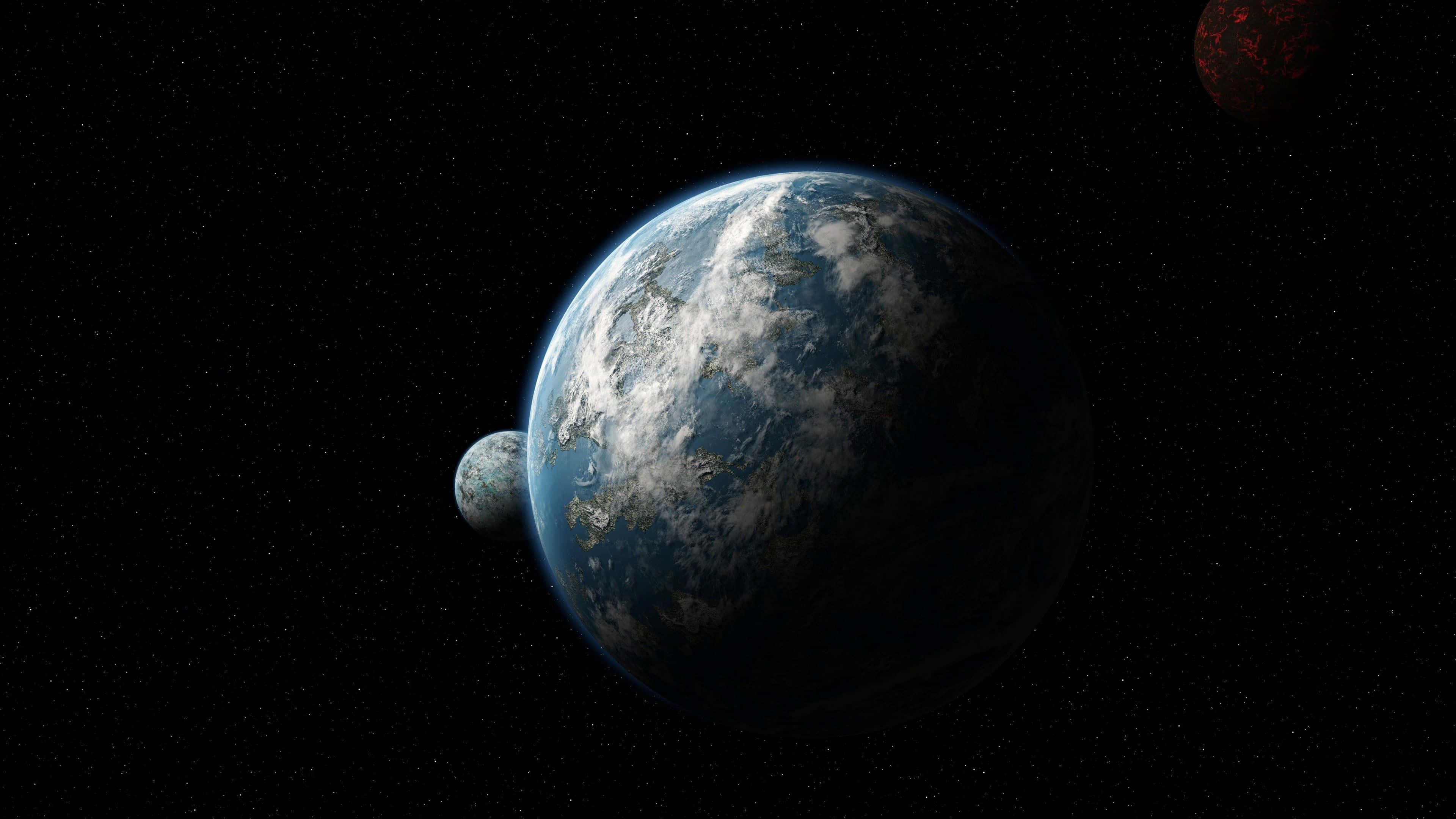 Earth, moon, distant red planet, 4K Desktop Wallpaper