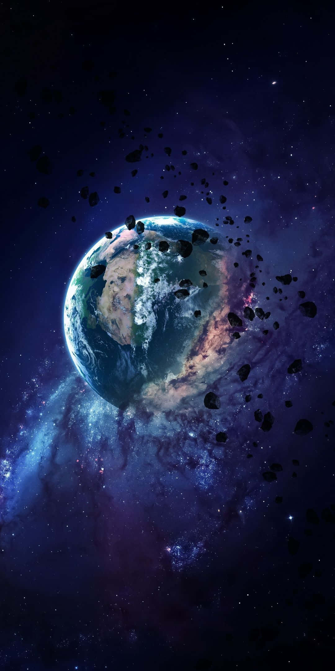Earth, swirling nebula, floating asteroids, Full HD Phone Wallpaper