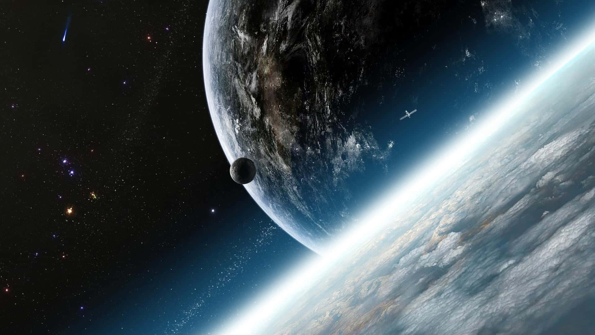 Earth, glowing atmosphere, small moon, Full HD Desktop Wallpaper