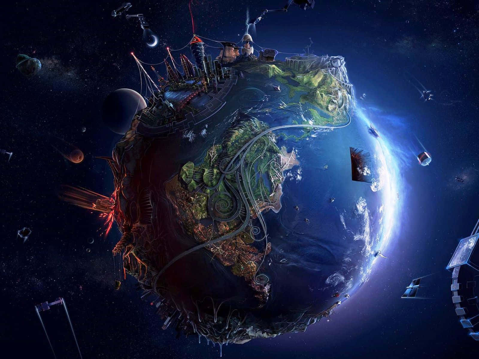 Earth, lush green continents, futuristic structures, HD Desktop Wallpaper
