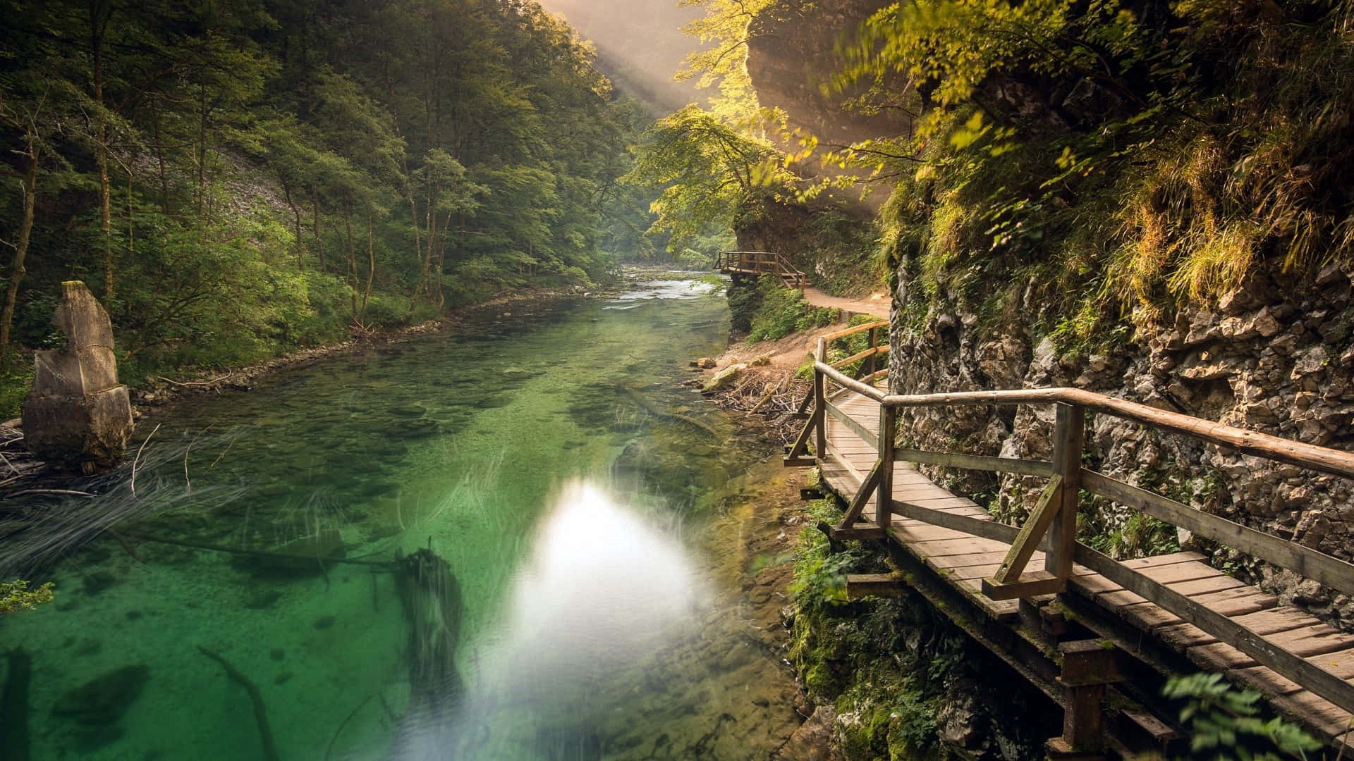 wooden walkway, crystal clear emerald river, sunlit forest canyon, Full HD Desktop Wallpaper
