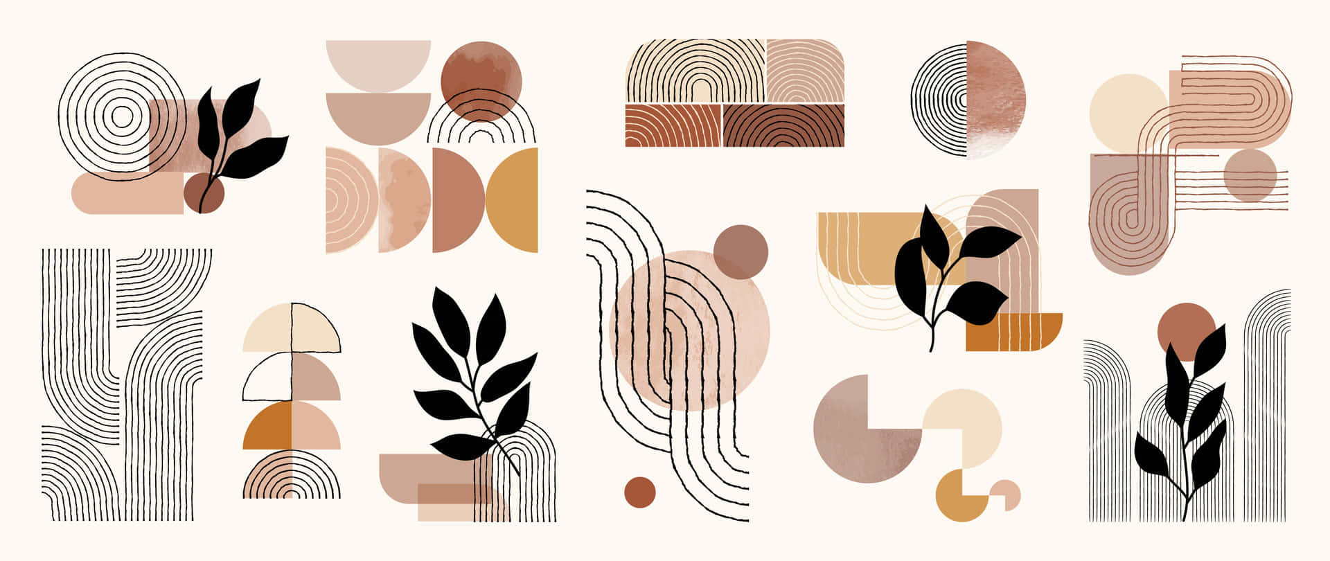 abstract geometric patterns, earthy tones, black leaf silhouettes, Full HD Desktop Wallpaper
