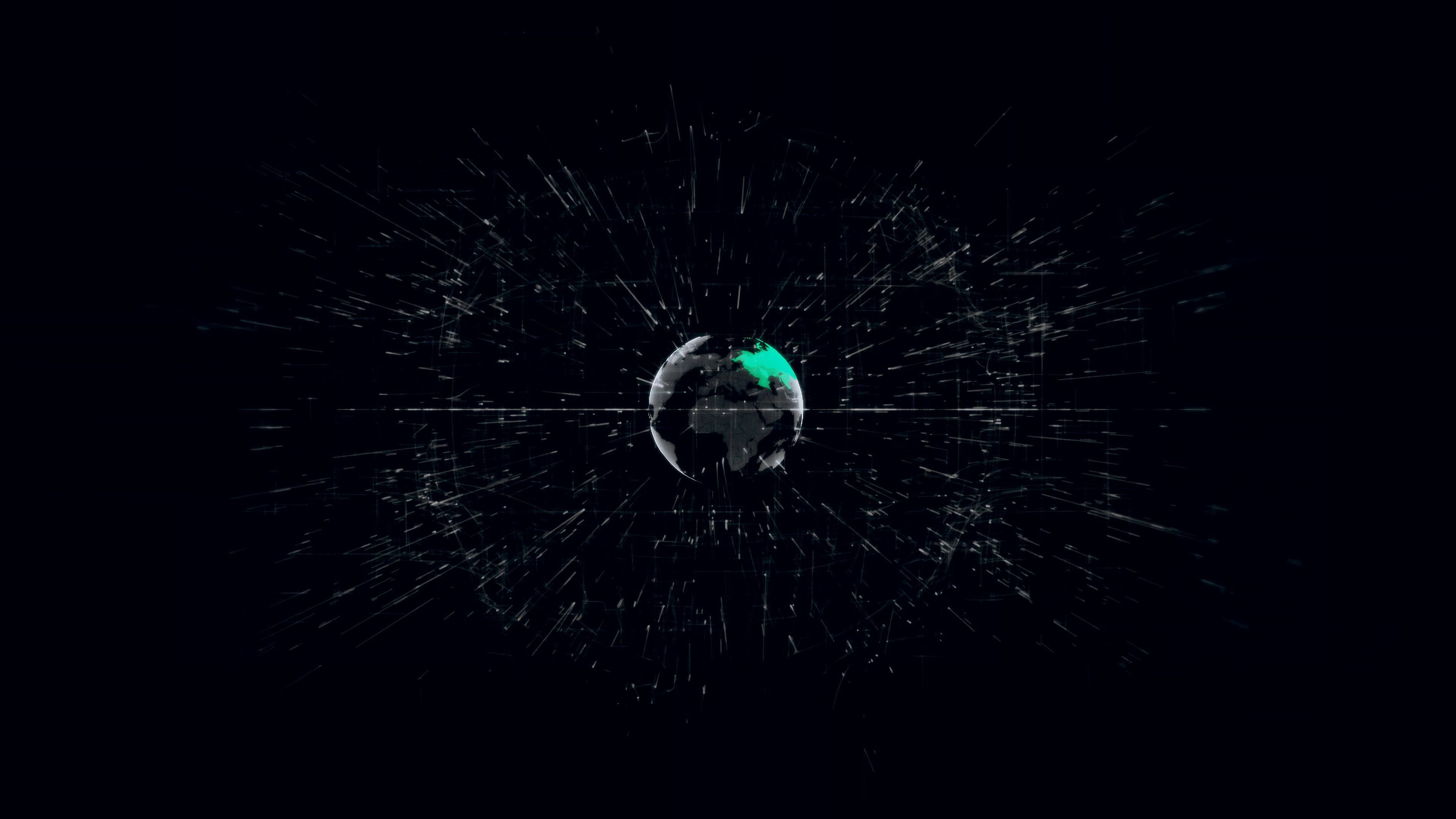 Earth, glowing teal, radiating digital lines, 4K Desktop Wallpaper