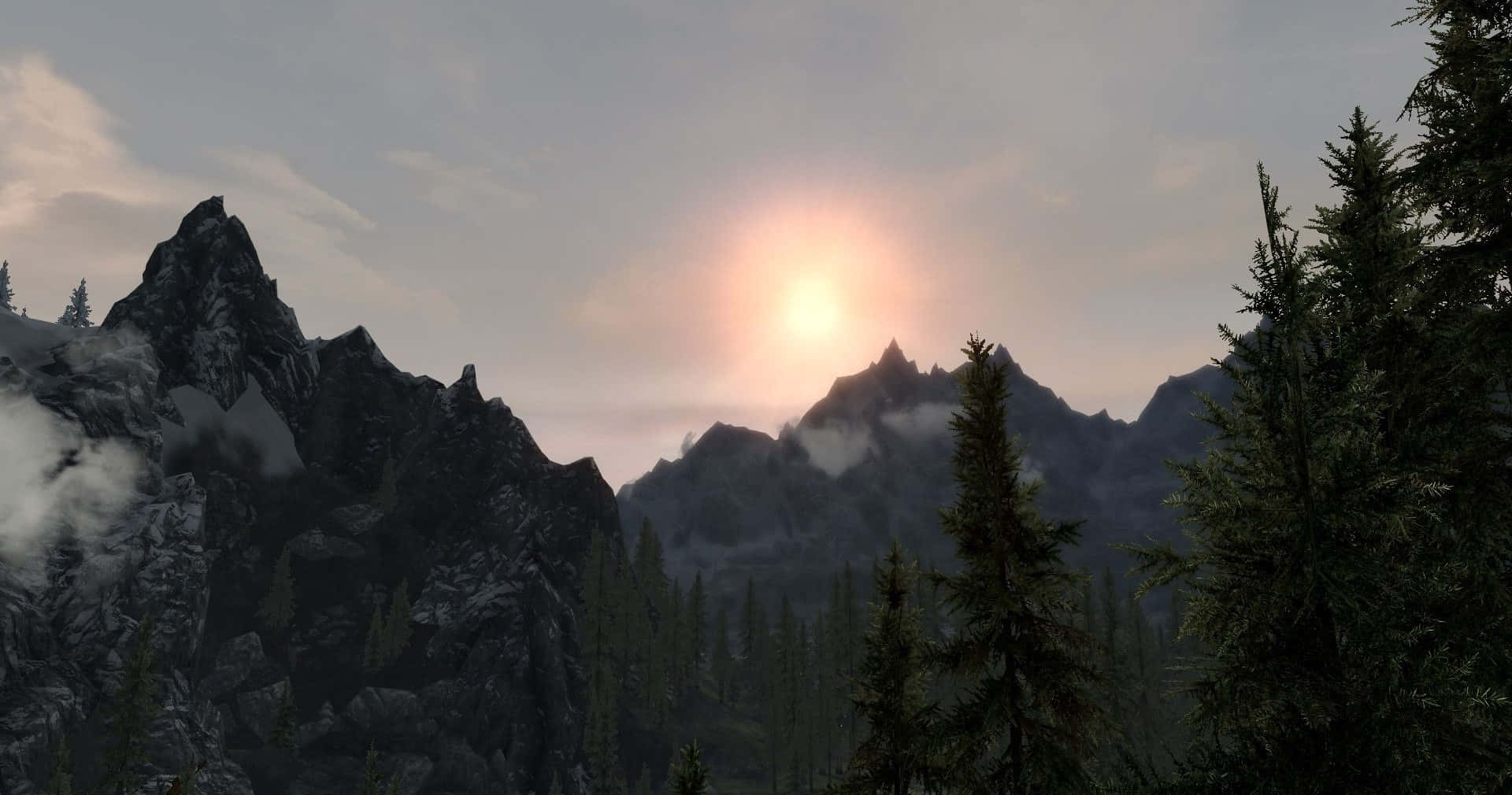 Sunset, jagged snowcapped mountains, dark pine trees, Full HD Desktop Wallpaper