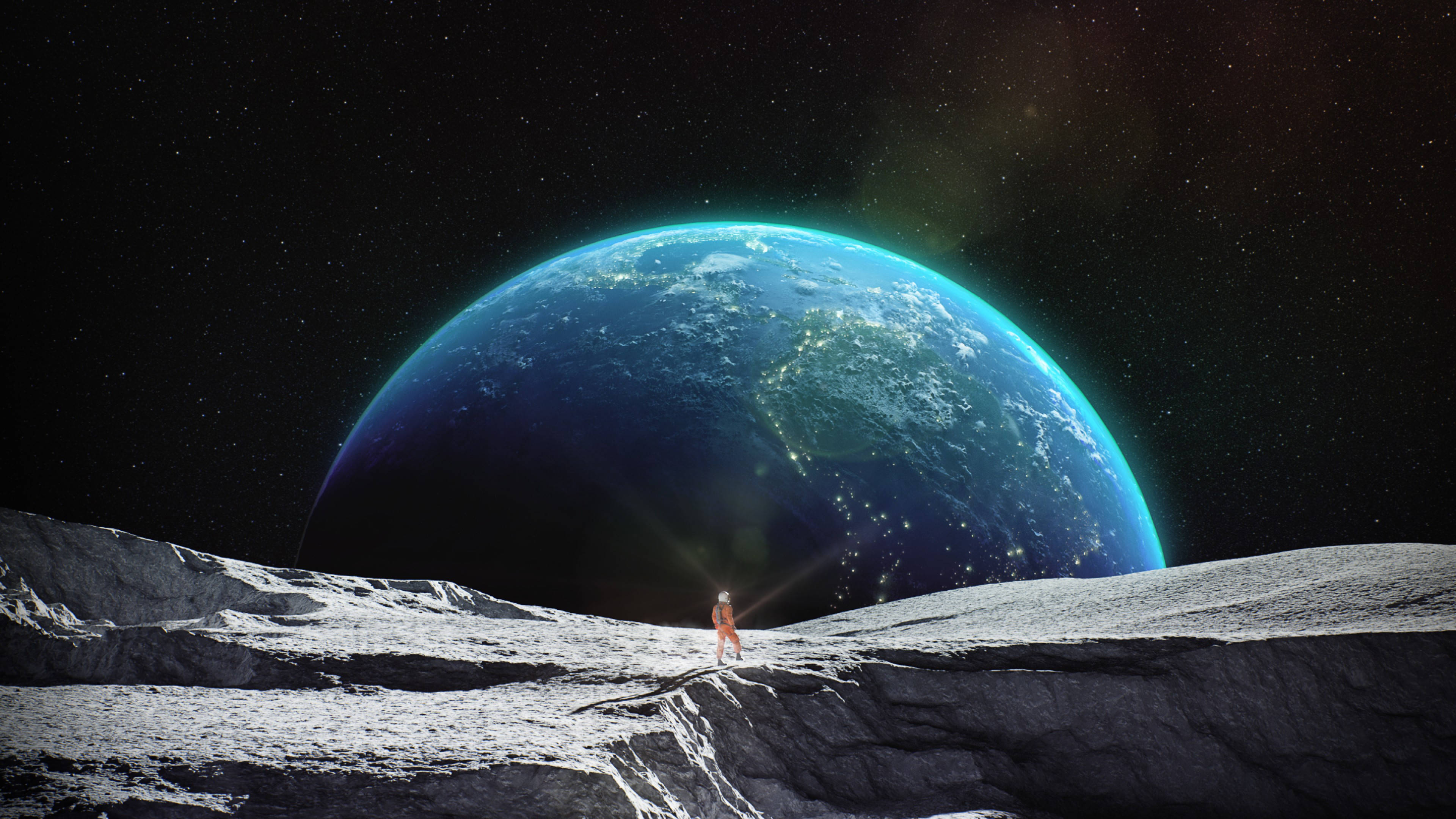 Moon, astronaut, Earth, 4K Desktop Wallpaper