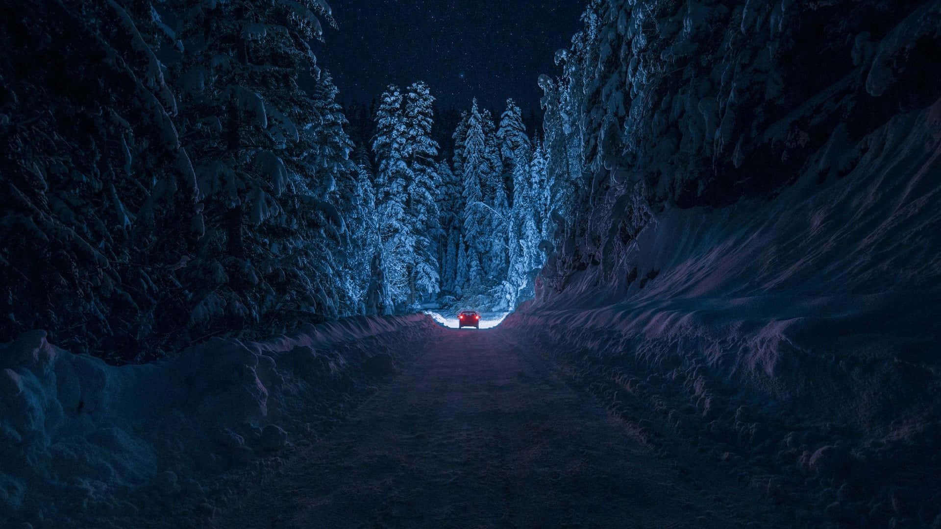 red car, snow-lined forest road, starry night sky, Full HD Desktop Wallpaper