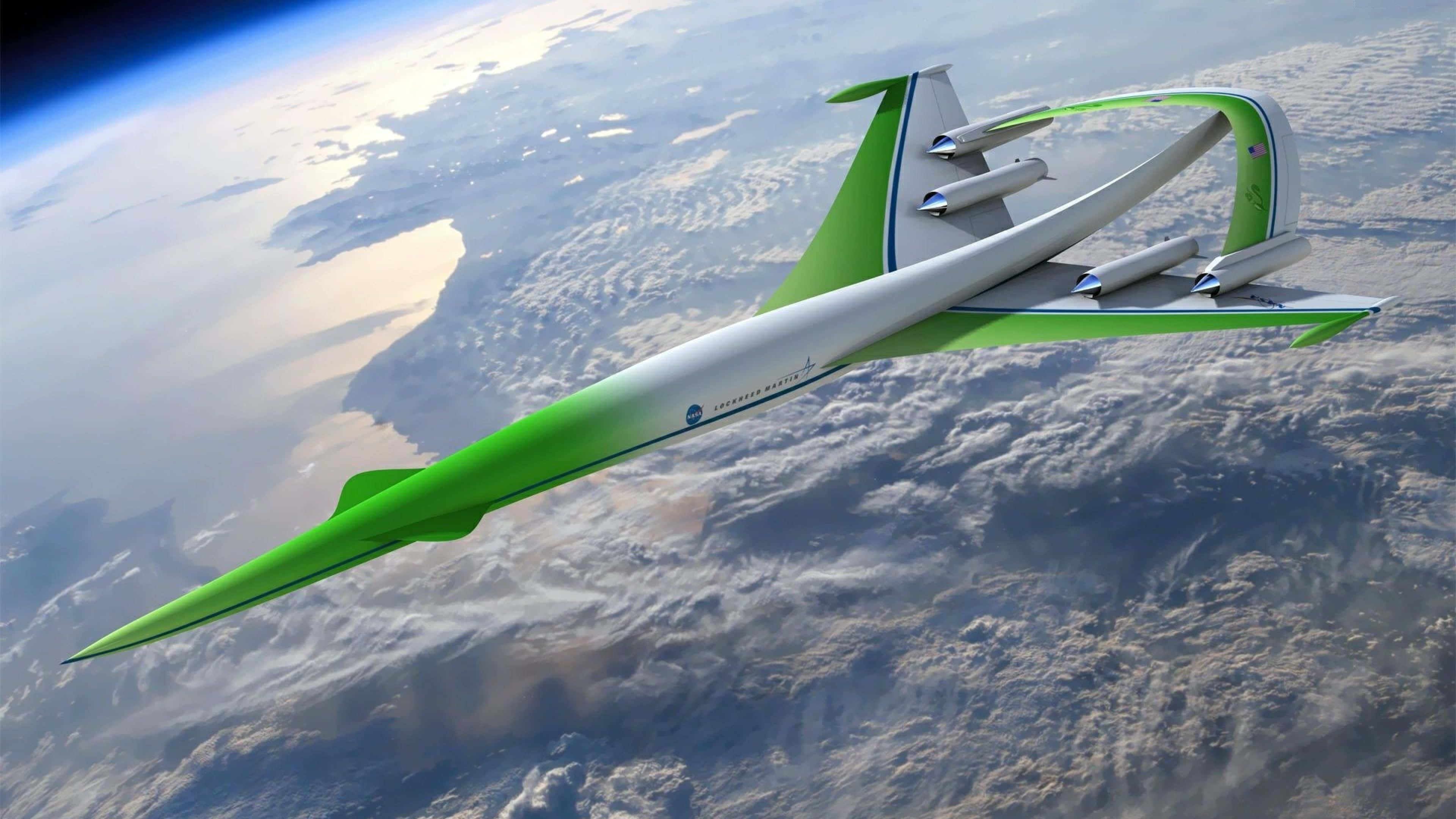 4K Planes, futuristic green and white aircraft, Earth, 4K Desktop Wallpaper