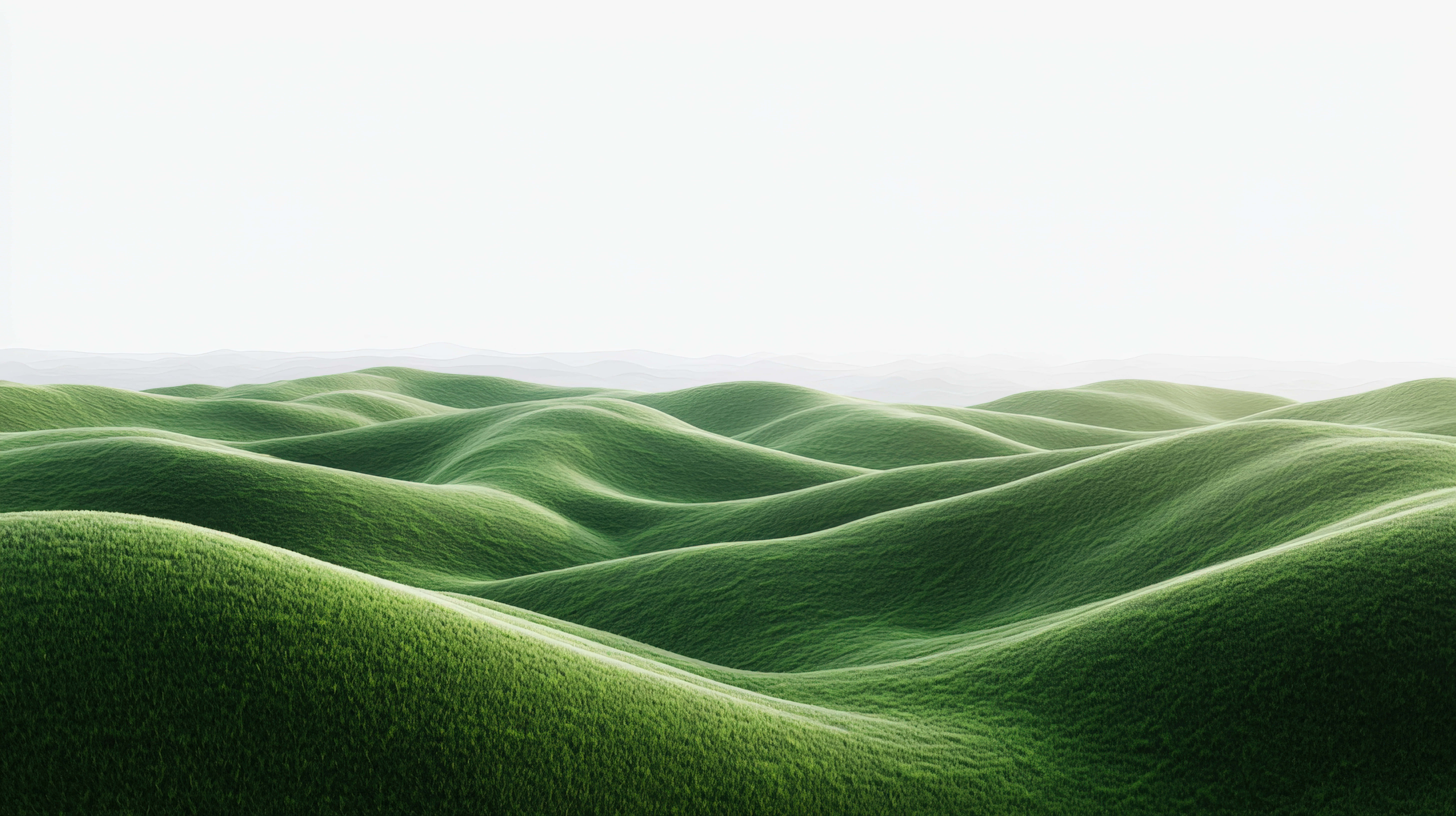 rolling green hills, emerald green, soft white sky, 8K Desktop Wallpaper