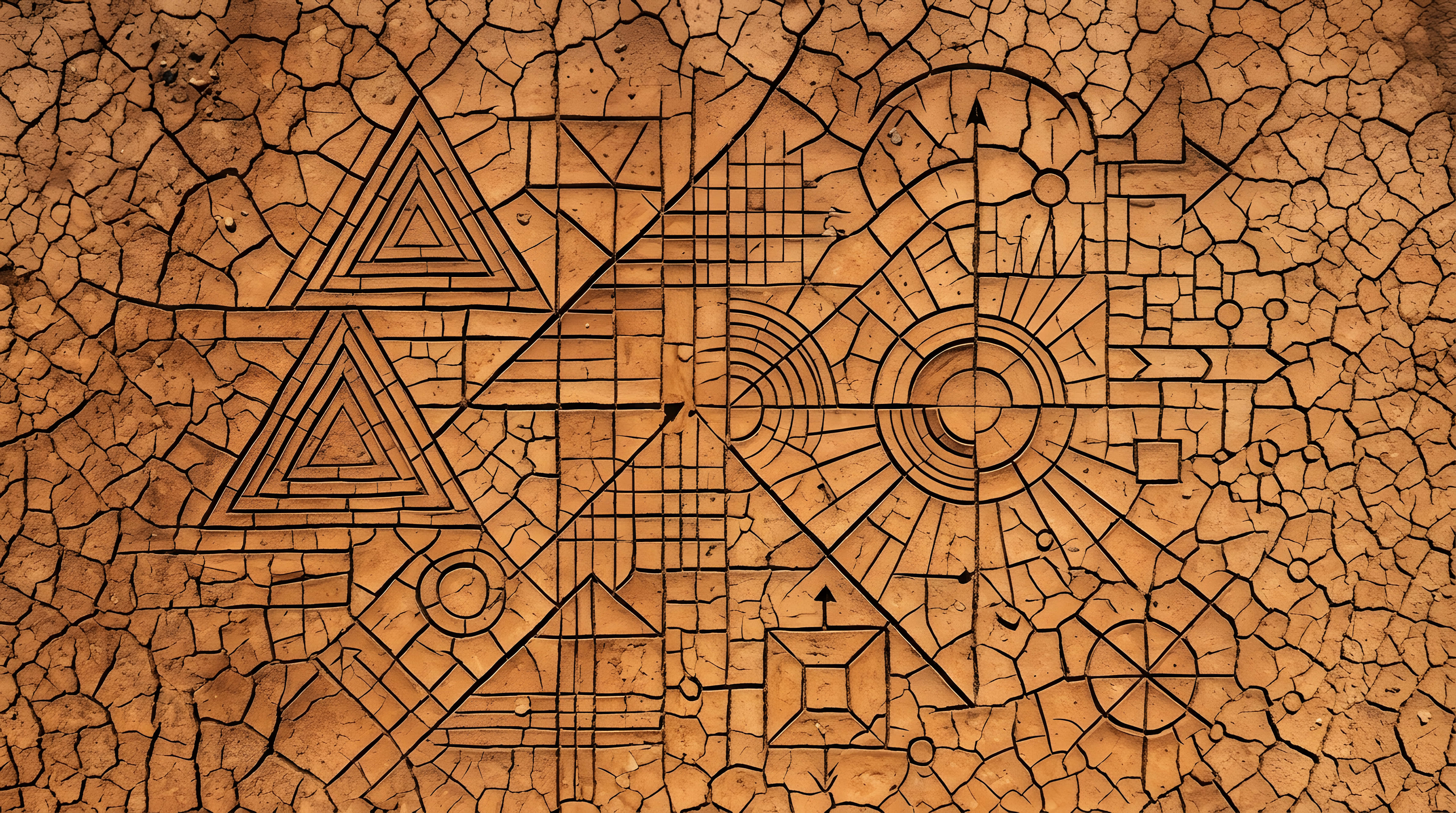 cracked earth, intricate geometric patterns, warm earthy tones, 5K Desktop Wallpaper