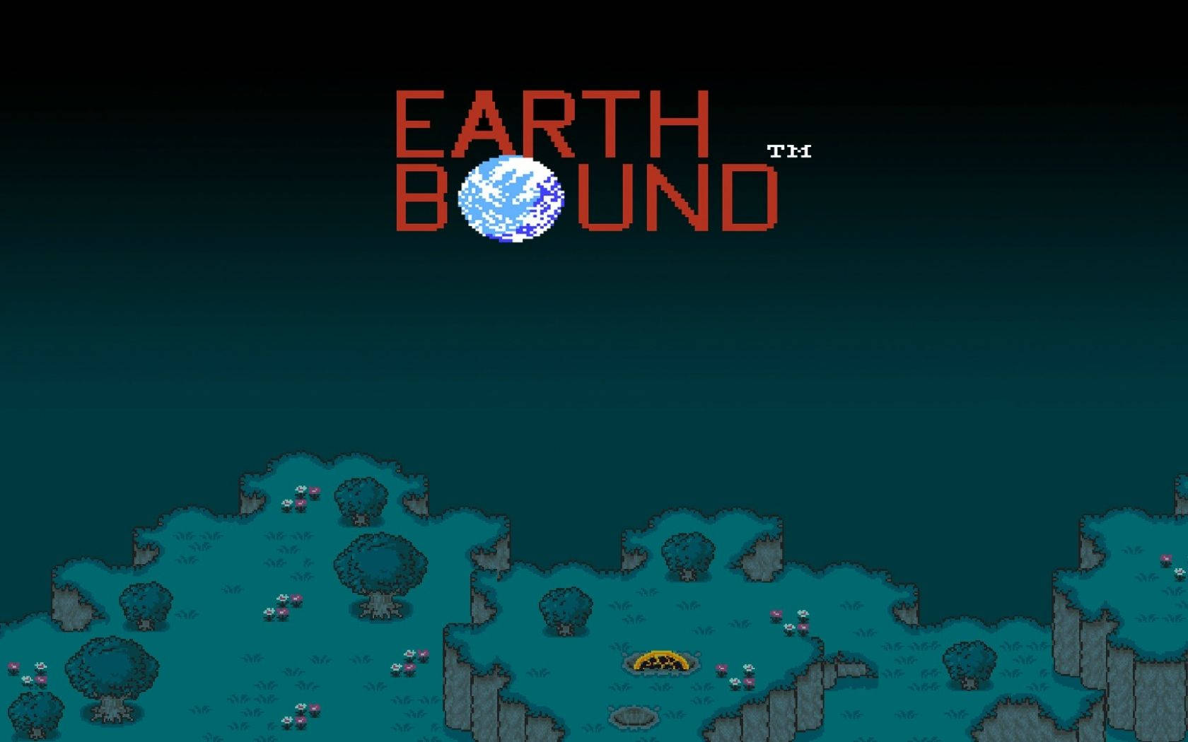EarthBound, dark teal landscape, trees, HD Desktop Wallpaper