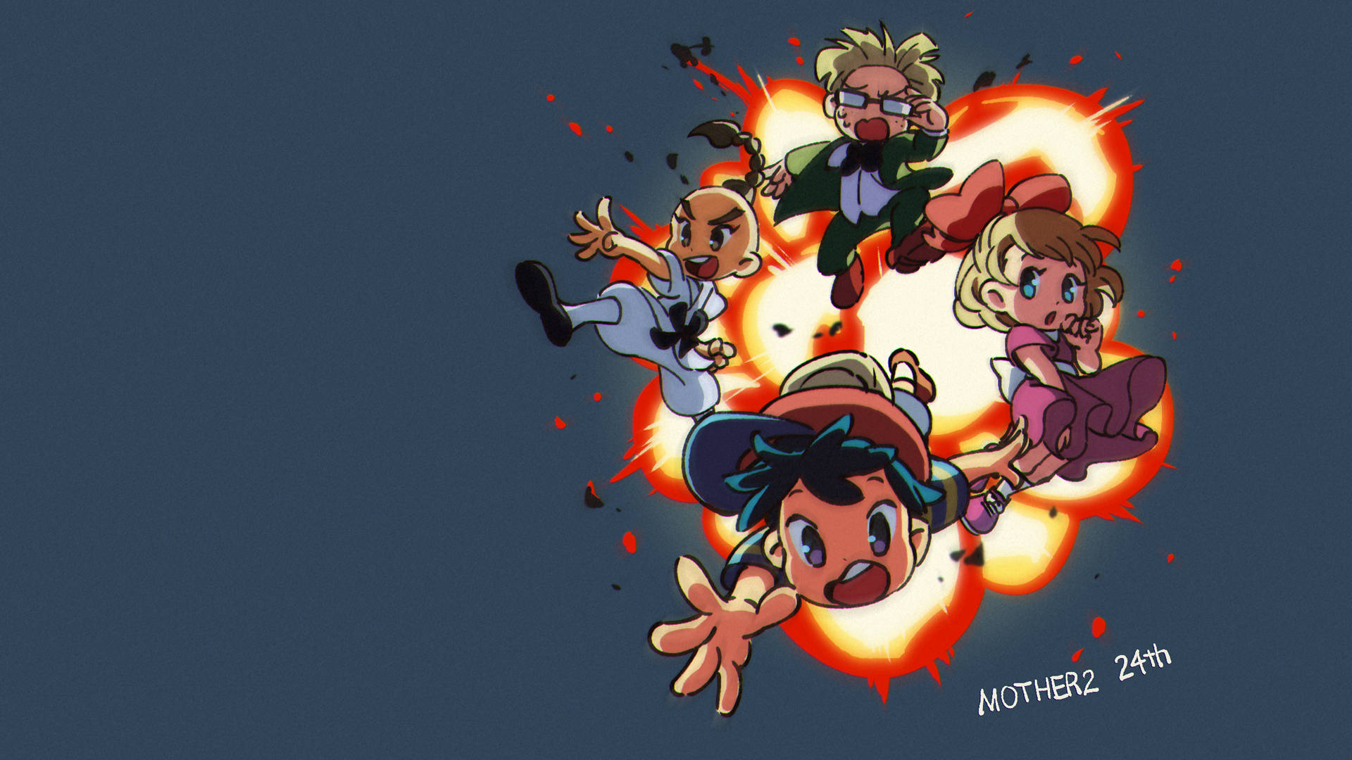 Earthbound, explosion, dark blue background, Full HD Desktop Wallpaper