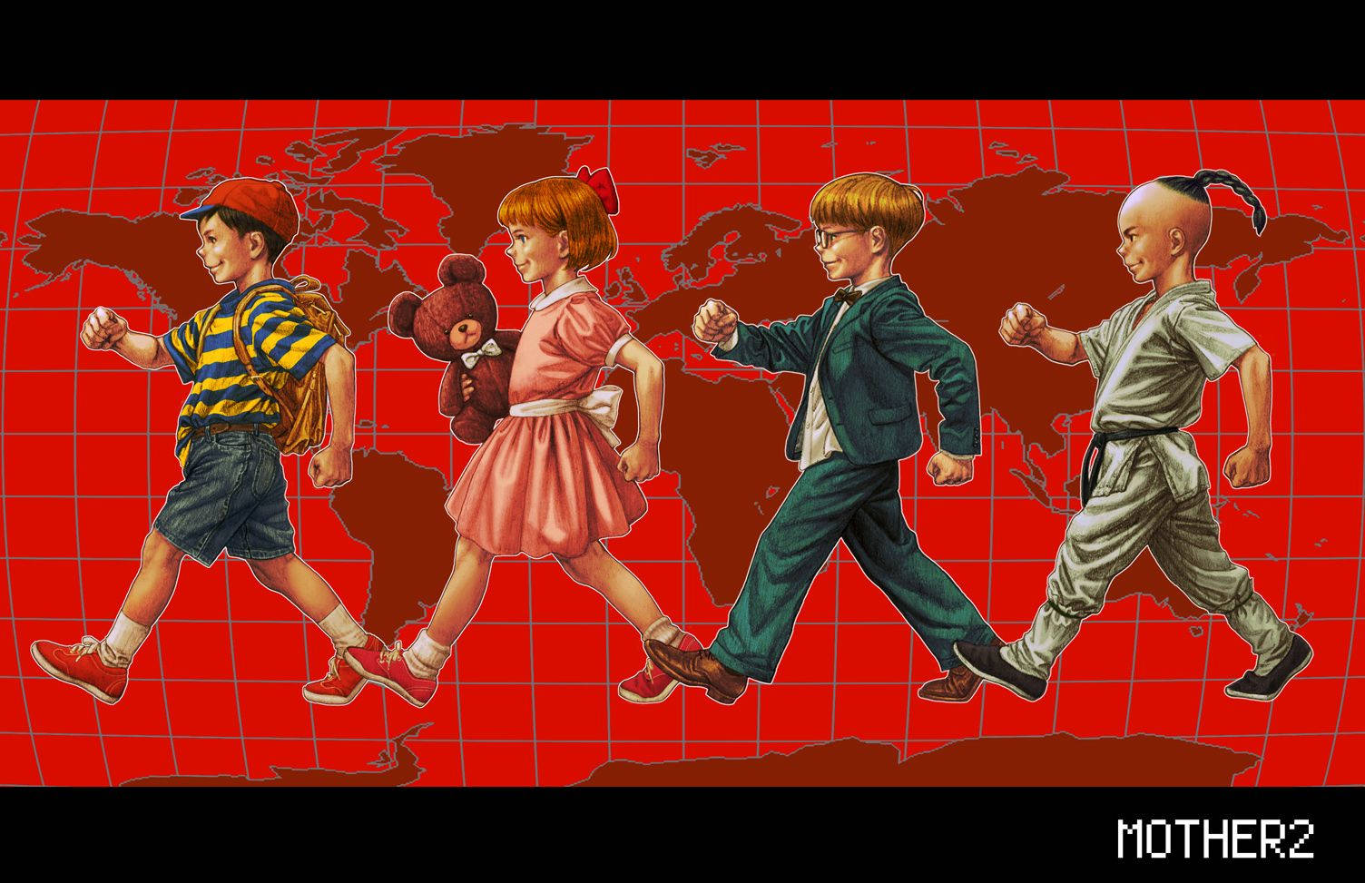 Earthbound, red gridded world map, four stylized children, HD Desktop Wallpaper