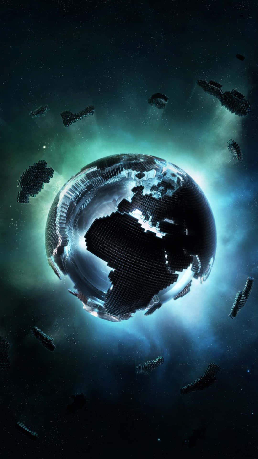 3D Earth, black pixel blocks, glowing cosmic nebula, Full HD Phone Wallpaper