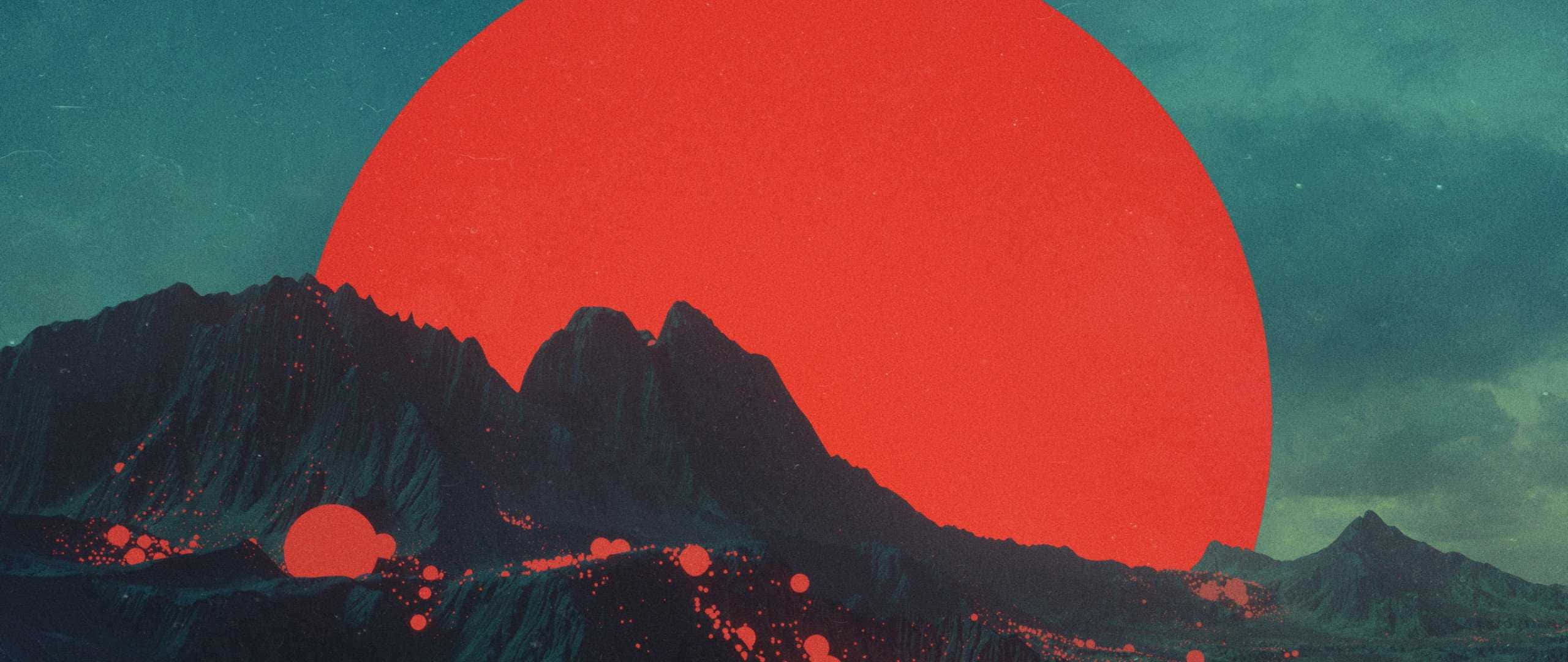 red sun, teal sky, floating red orbs, 2K Desktop Wallpaper