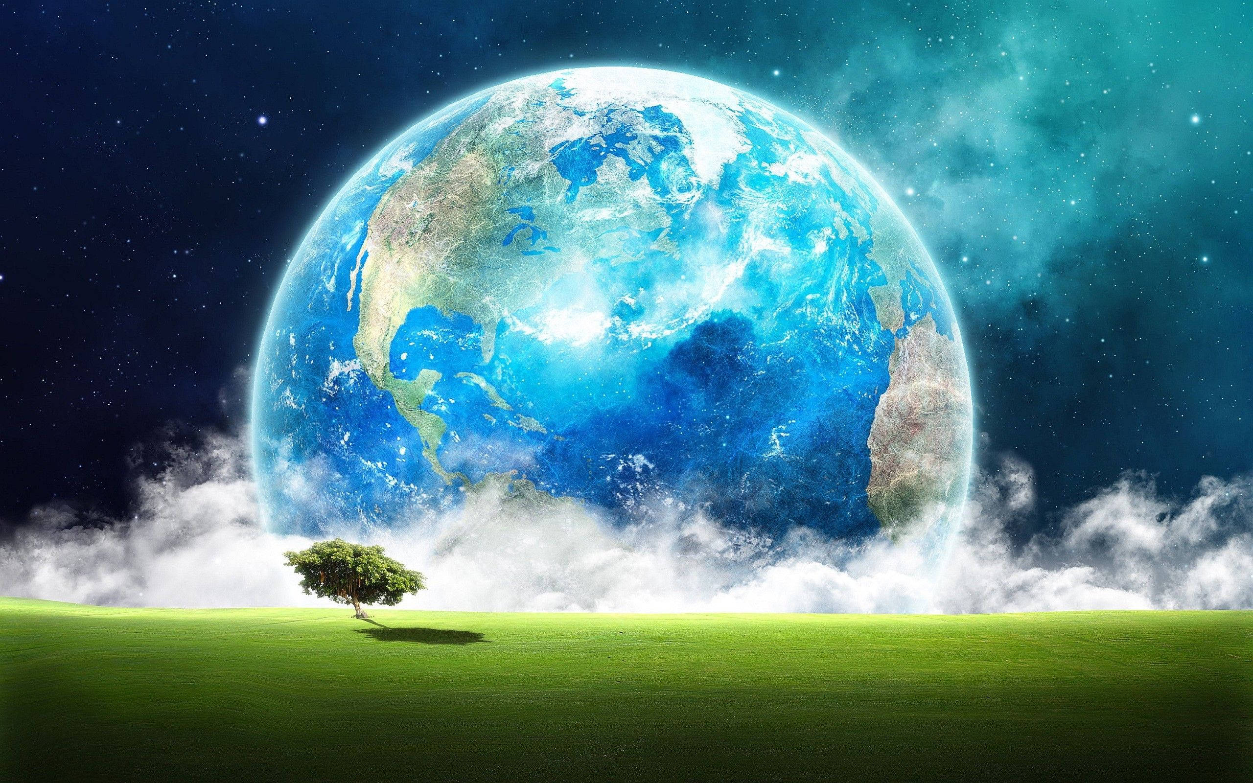 Earth, vibrant green field, colossal Earth, 2K Desktop Wallpaper