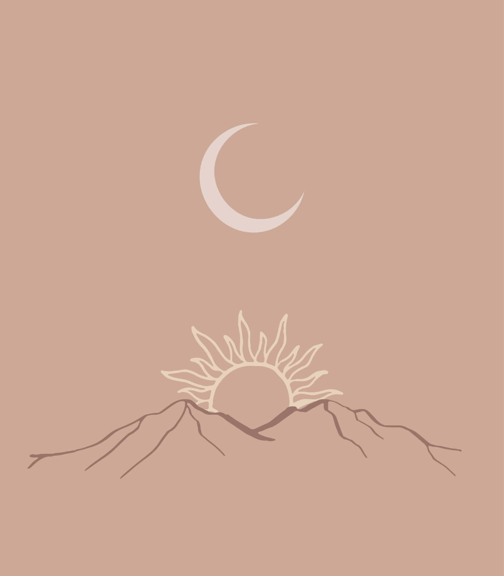 crescent moon, sun rising, stylized mountain peaks, Full HD Phone Wallpaper