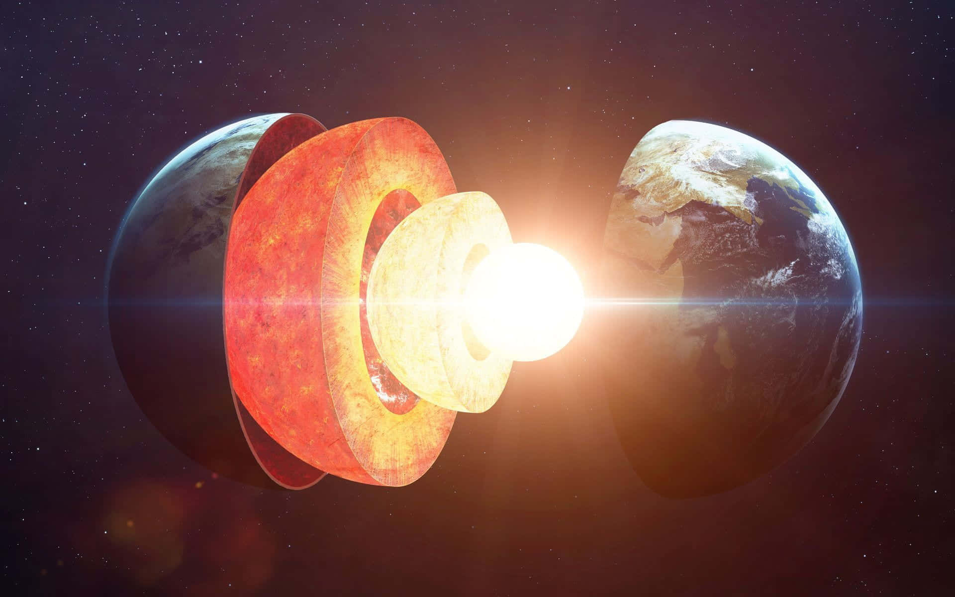 Earth, glowing core layers, starry space backdrop, Full HD Desktop Wallpaper