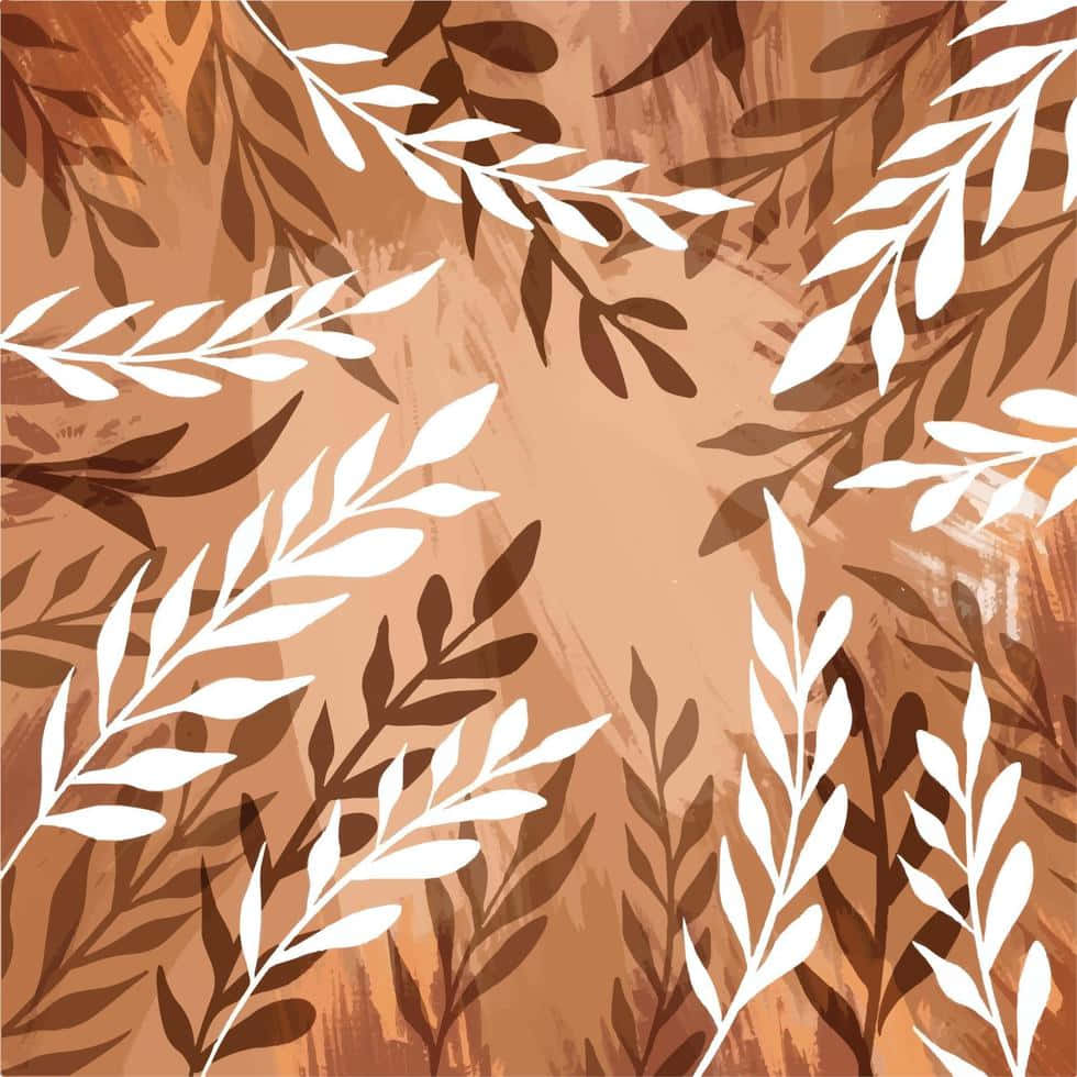 Earthy Leaves Pattern, white stylized leaf branches, textured brown background, SD Desktop Wallpaper
