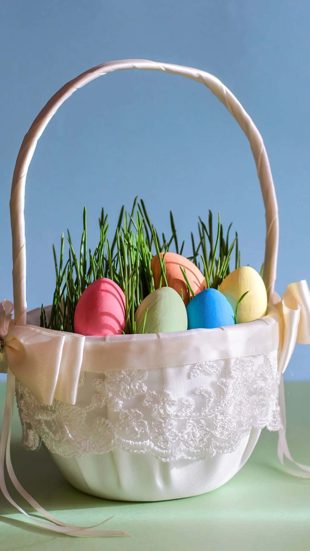Easter Basket, white lace-trimmed basket, colorful pastel eggs, Full HD Phone Wallpaper