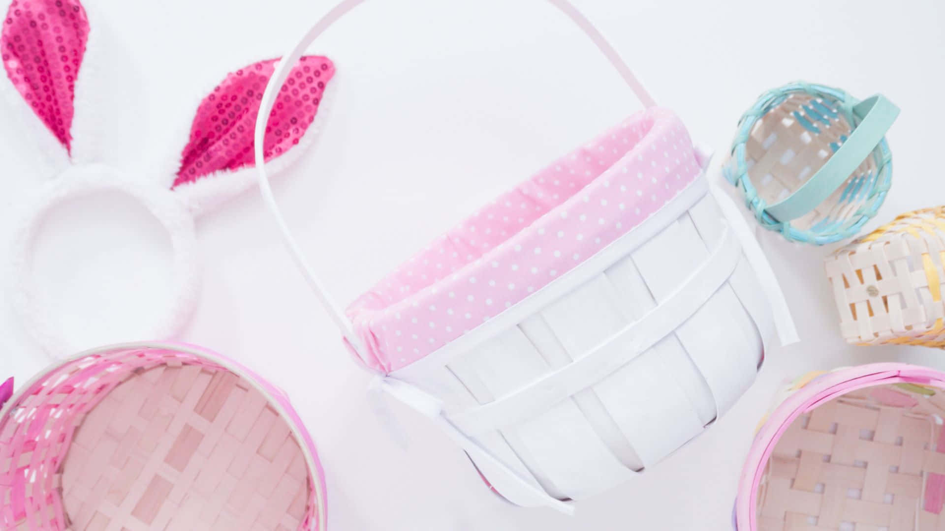 Easter basket, white woven Easter basket, pink polka dot lining, Full HD Desktop Wallpaper