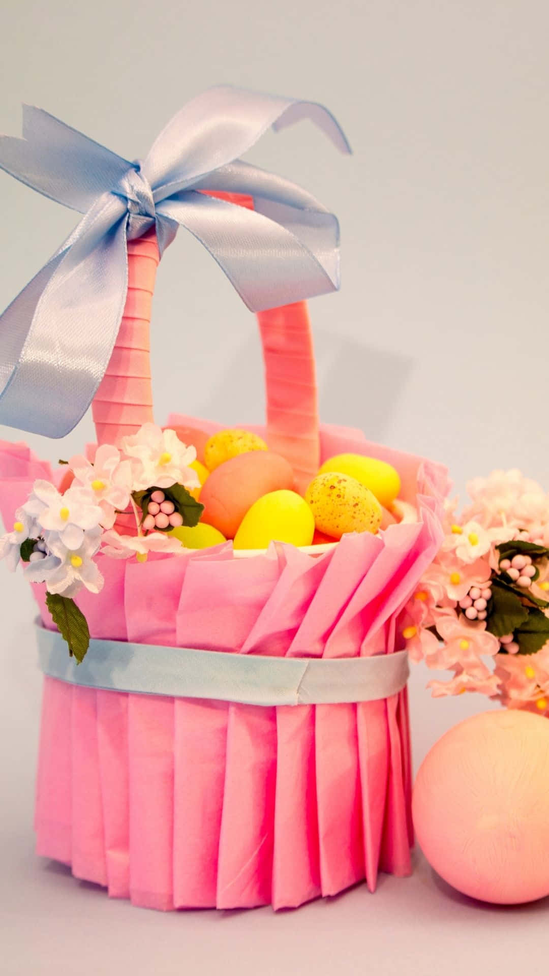 Easter Basket, pink paper basket, light blue ribbon, Full HD Phone Wallpaper