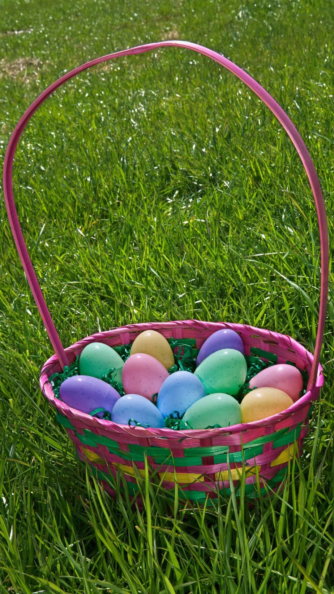 Easter basket, vibrant pink woven basket, colorful Easter eggs, Full HD Phone Wallpaper