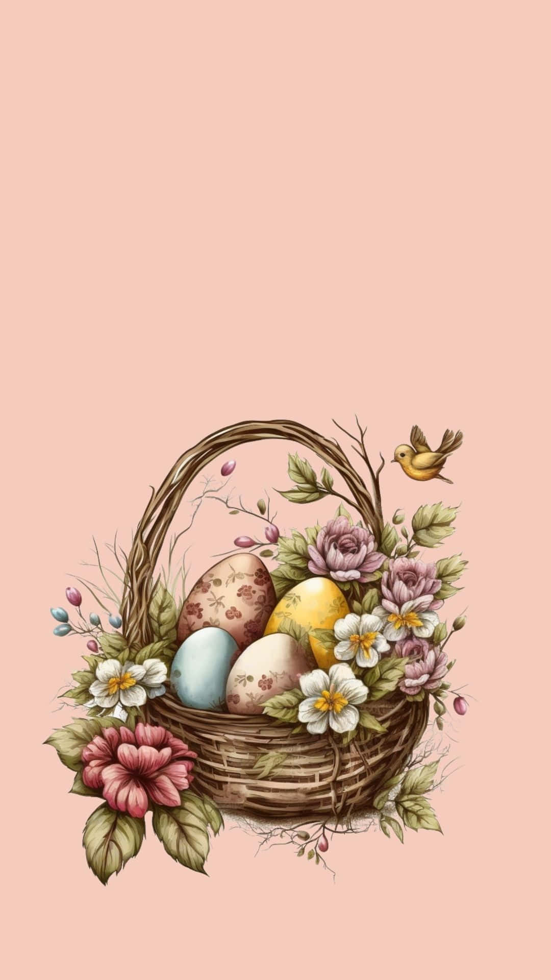 Easter basket, wicker basket, colorful patterned Easter eggs, Full HD Phone Wallpaper