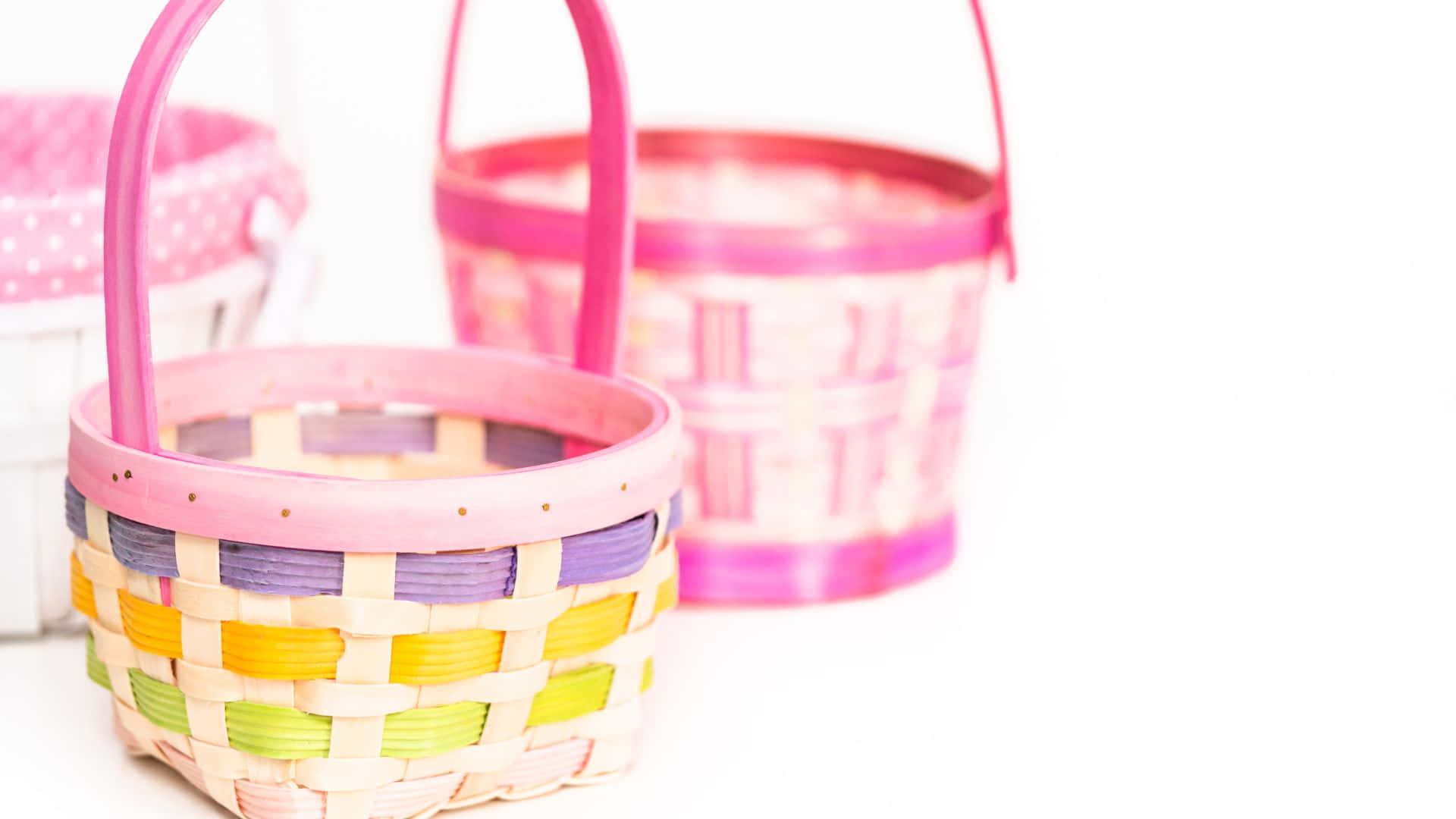 Easter basket, pink handles, colorful woven baskets, Full HD Desktop Wallpaper
