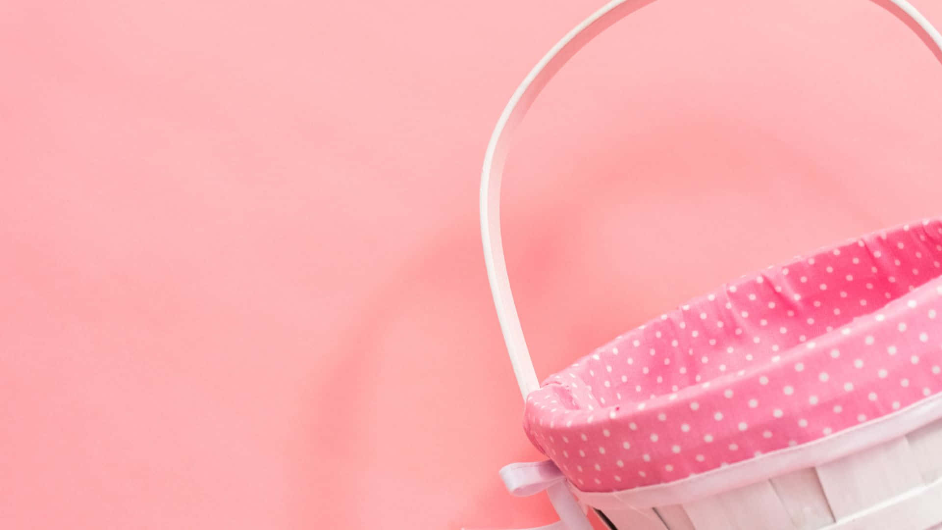 white wicker basket, pink polka dot lining, soft pink background, Full HD Desktop Wallpaper