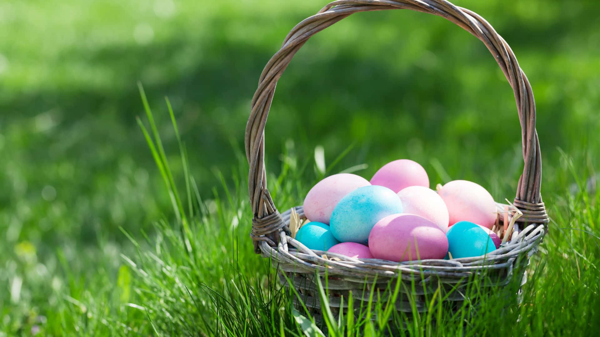 Easter Basket, wicker basket, pastel-colored Easter eggs, Full HD Desktop Wallpaper