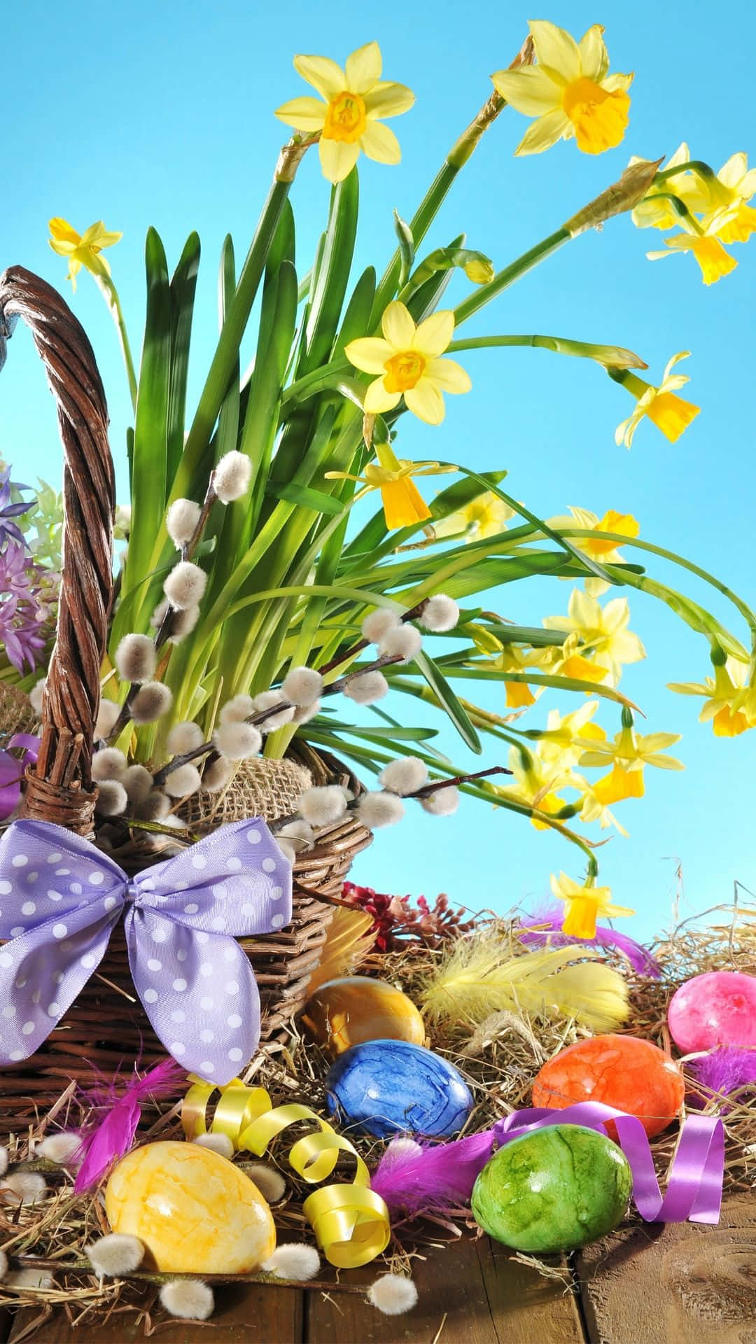 Easter Basket, wicker basket, yellow daffodils, Full HD Phone Wallpaper