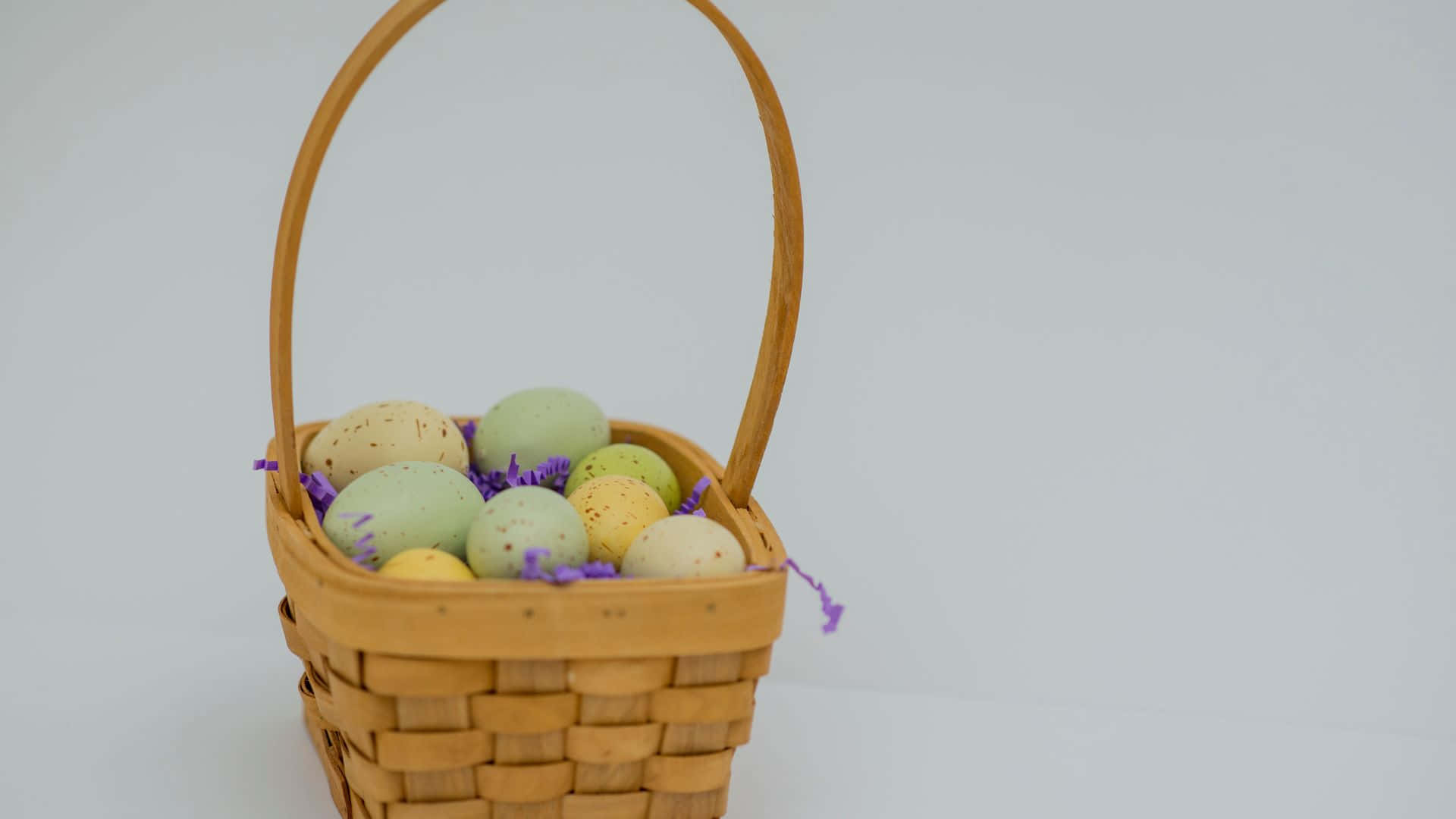 Easter Basket, pastel speckled eggs, purple shredded paper, Full HD Desktop Wallpaper
