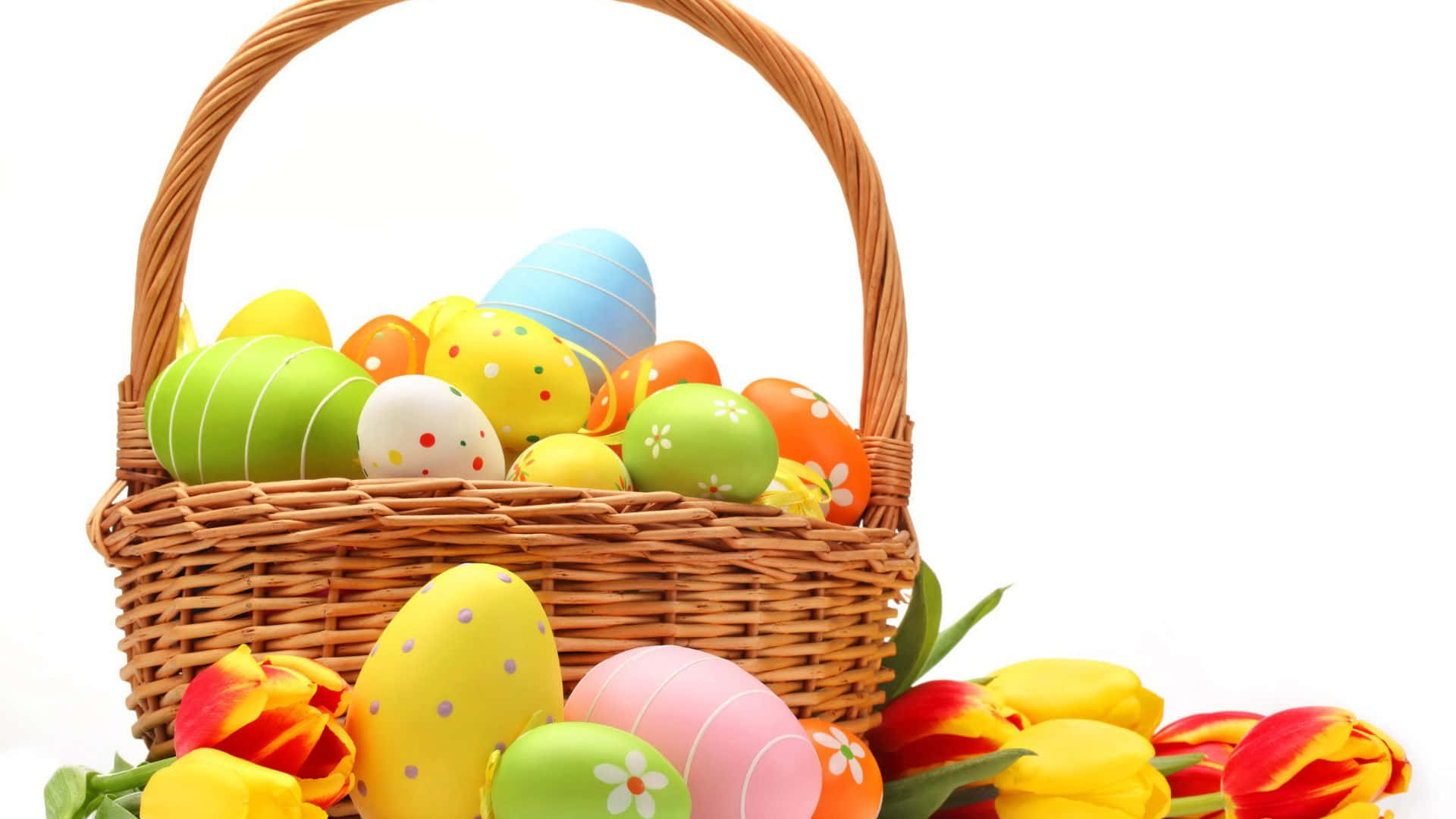 Easter Basket, woven basket, vibrantly painted Easter eggs, Full HD Desktop Wallpaper