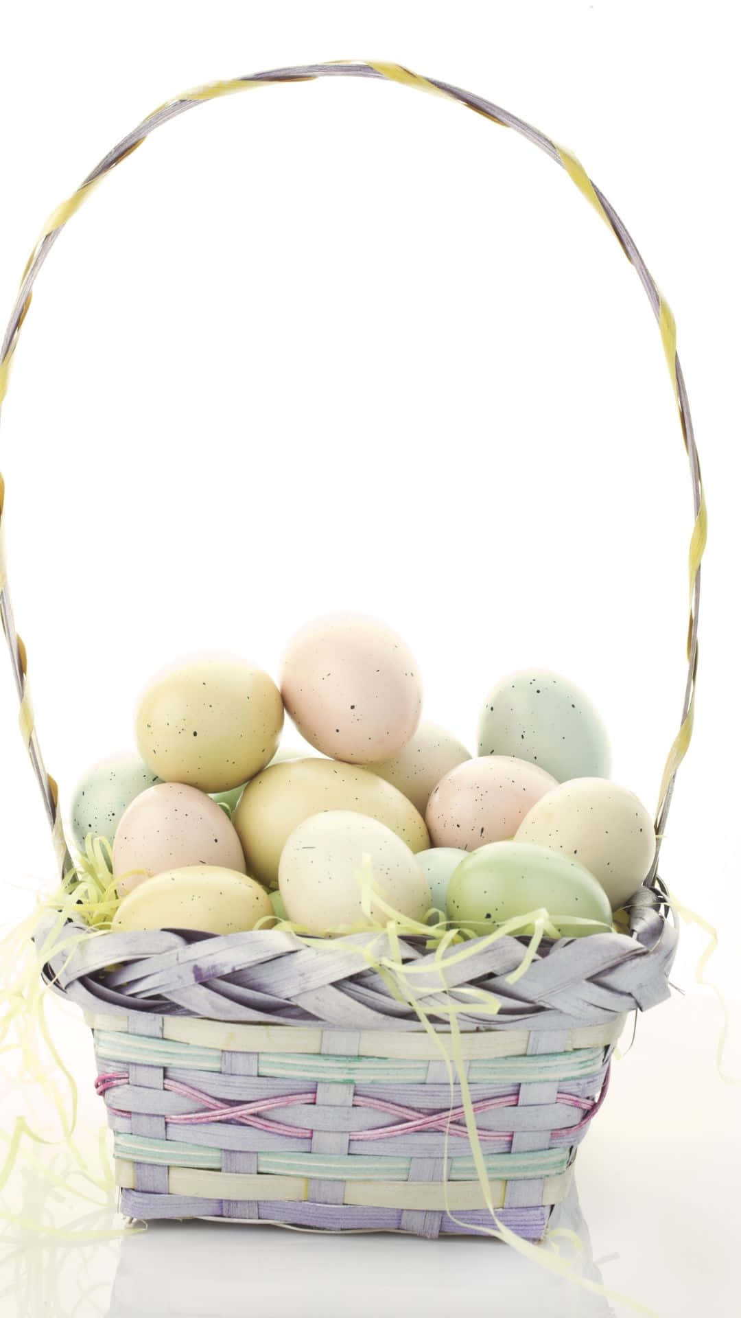 Easter basket, pastel speckled Easter eggs, yellow straw, Full HD Phone Wallpaper