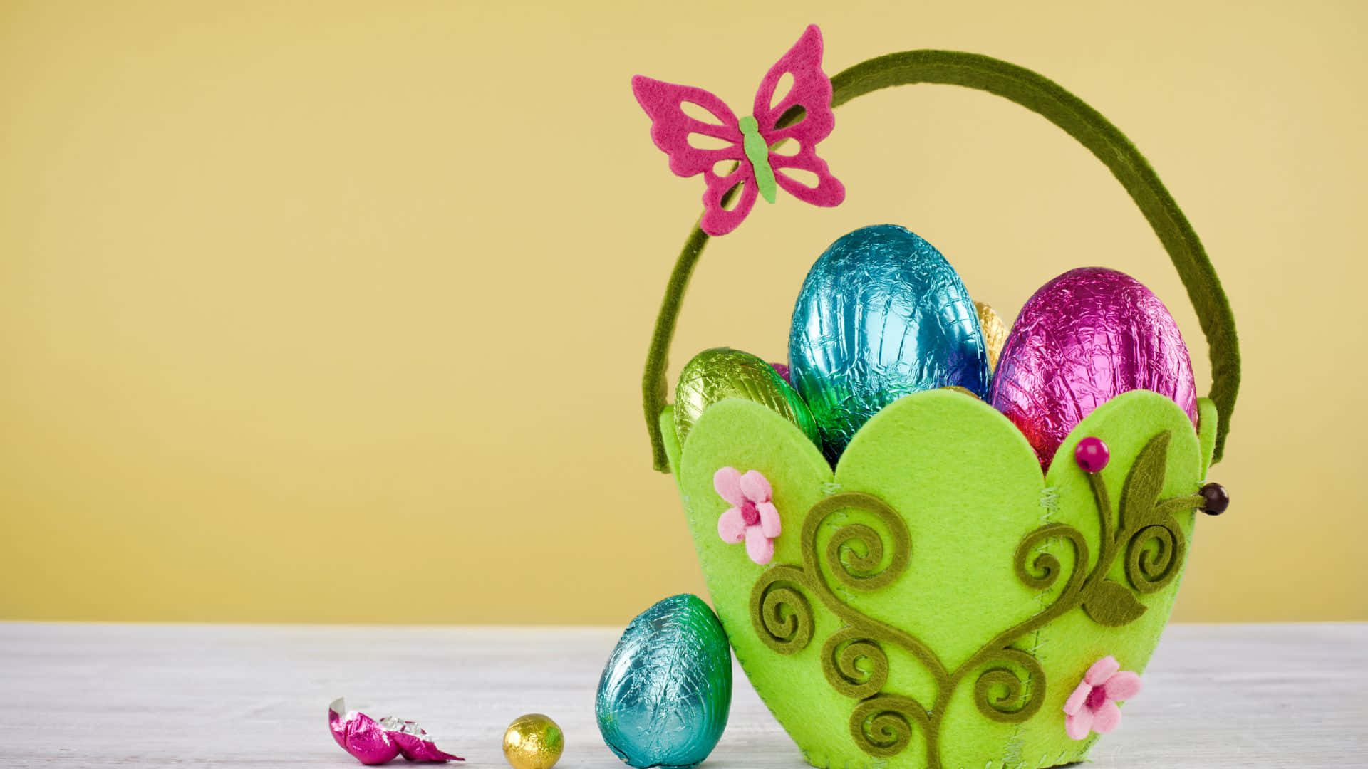 Easter basket, vibrant green felt, pink flowers, Full HD Desktop Wallpaper