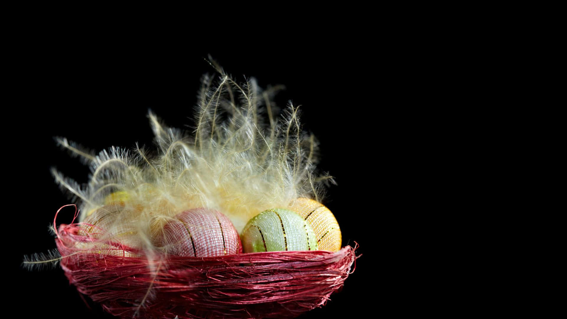 Easter basket, red woven basket, patterned eggs, Full HD Desktop Wallpaper