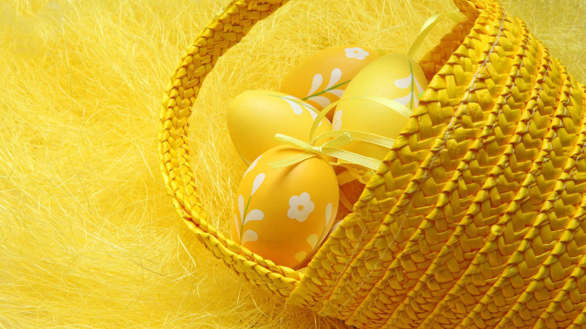 Easter Basket, yellow basket, decorated Easter eggs, Full HD Desktop Wallpaper