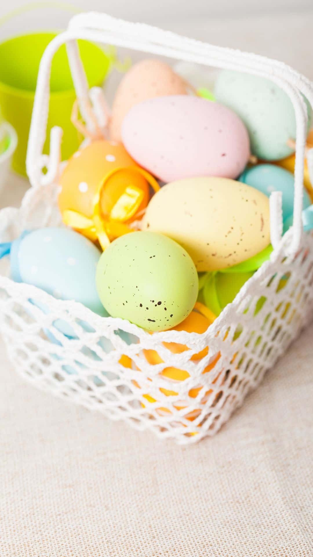 Easter Basket, white woven basket, pastel speckled Easter eggs, Full HD Phone Wallpaper