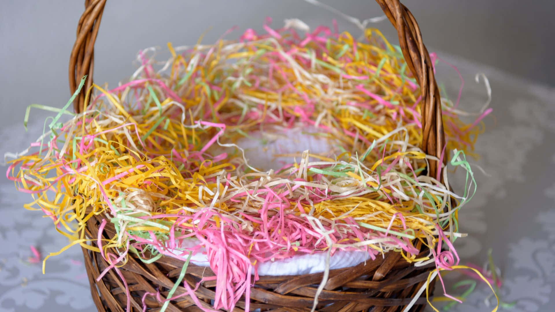 Easter Basket, woven basket, colorful pastel shredded paper, Full HD Desktop Wallpaper