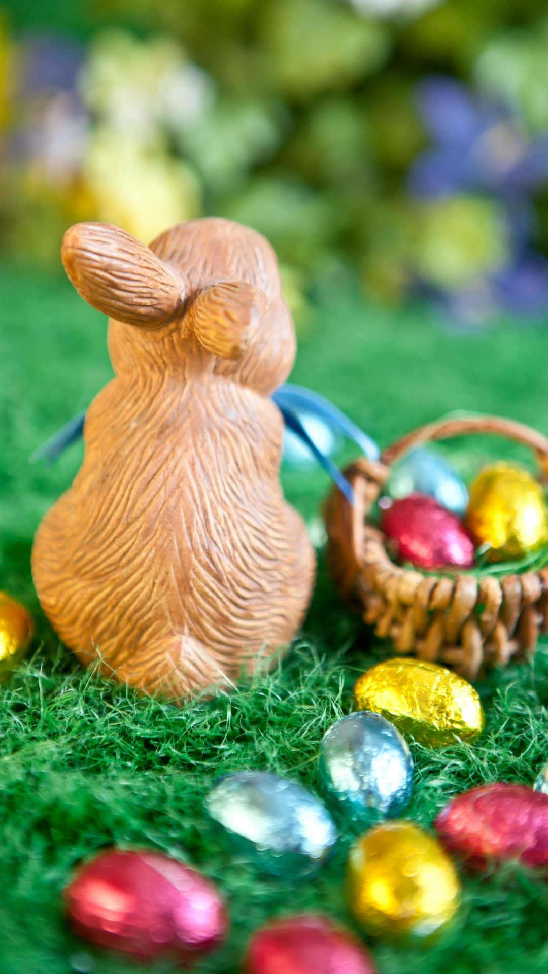Easter Bunny, wooden figurine, green grass, Full HD Phone Wallpaper