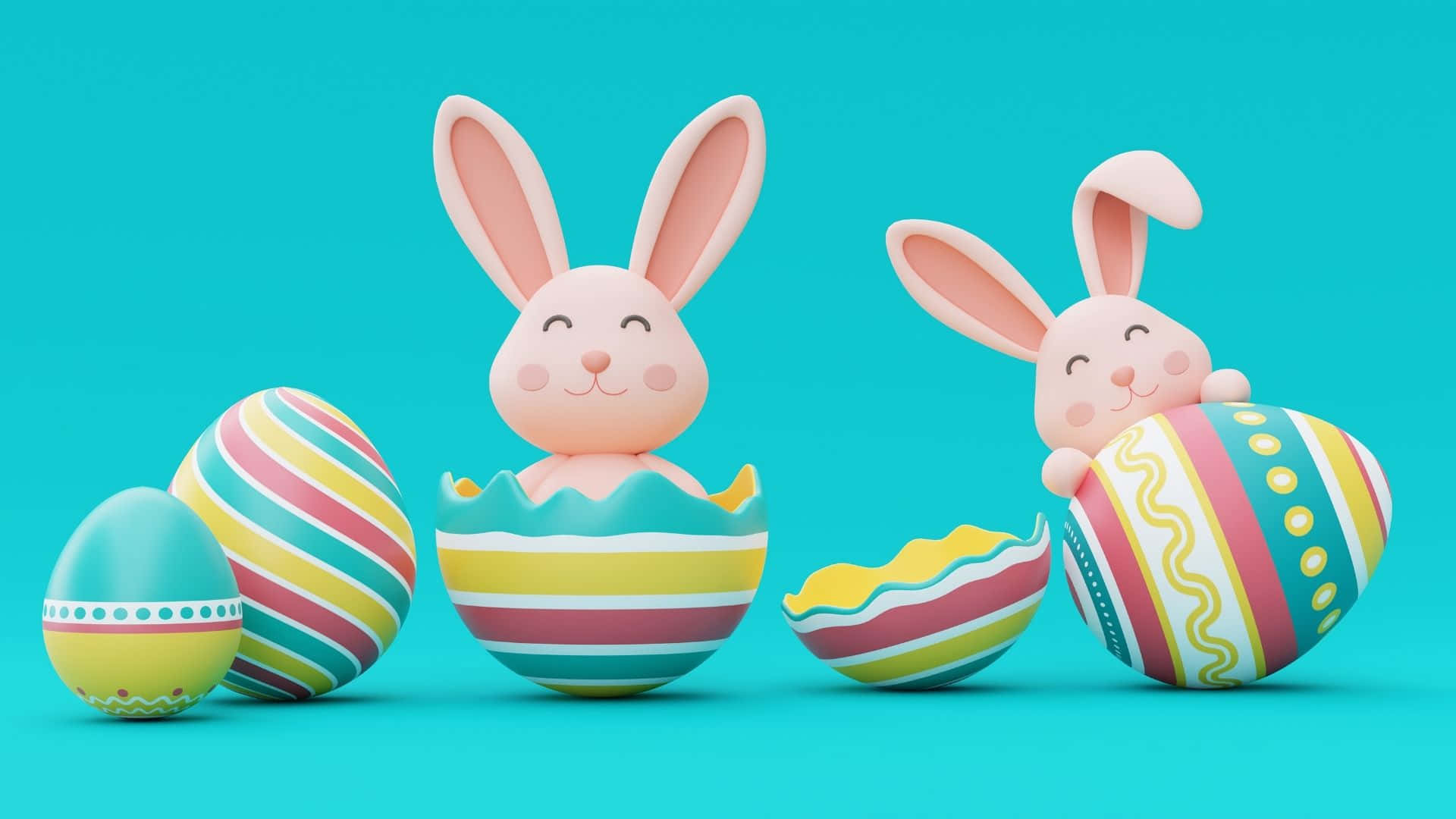 Easter Bunny, pink bunnies, colorful striped Easter eggs, Full HD Desktop Wallpaper