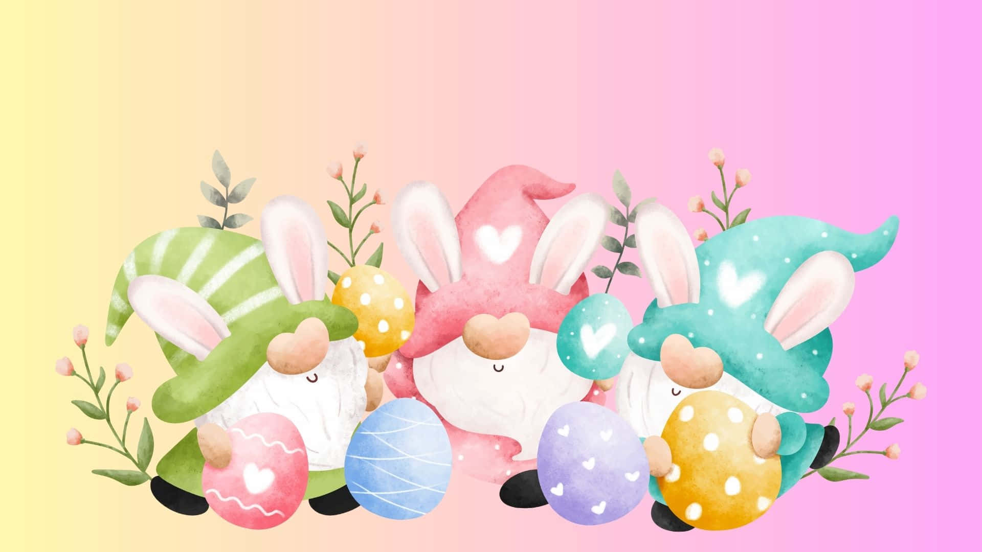 Easter Bunny, bunny gnomes, pastel hats, Full HD Desktop Wallpaper