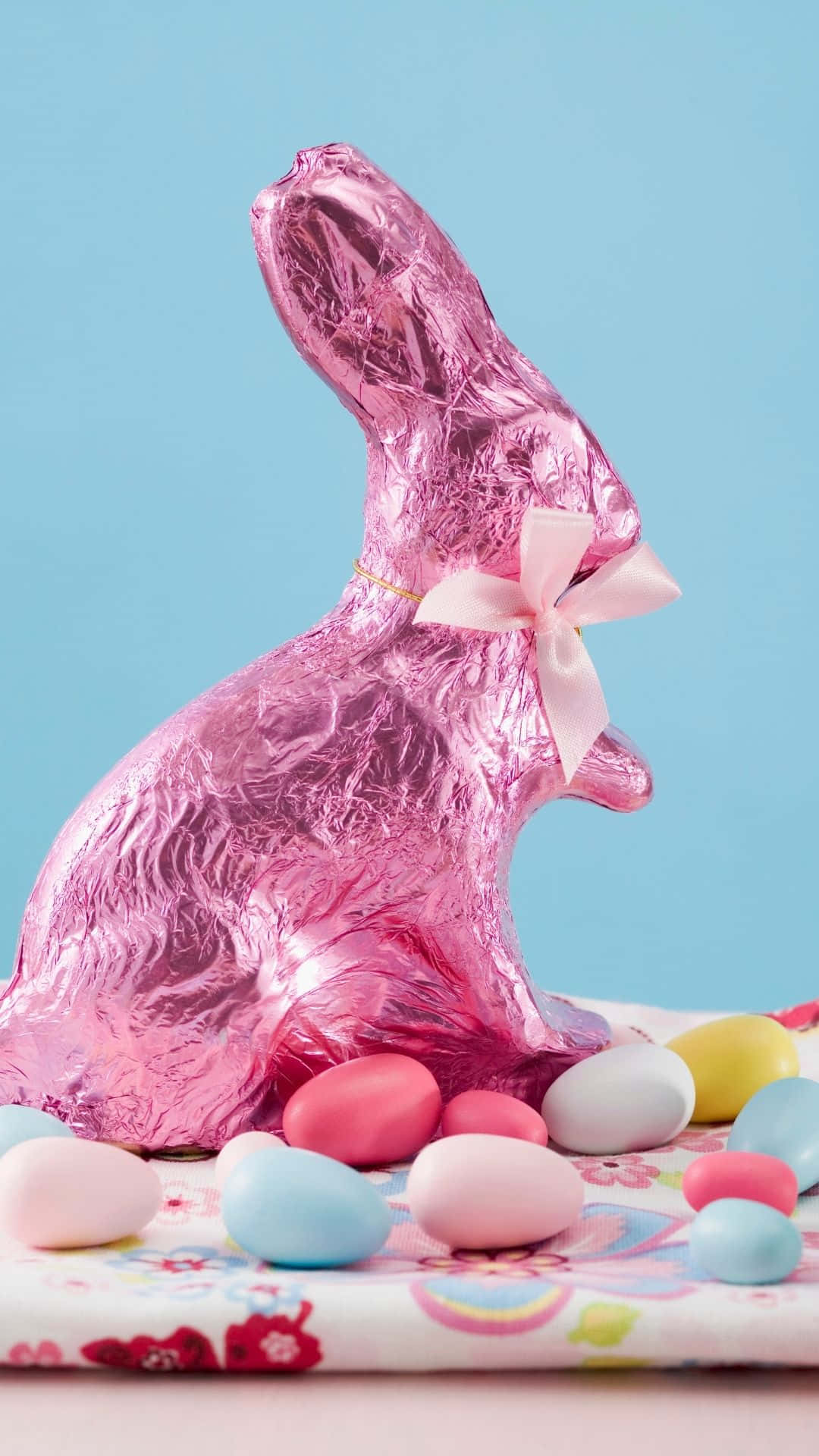 Easter Bunny, pink foil-wrapped chocolate, bow, Full HD Phone Wallpaper